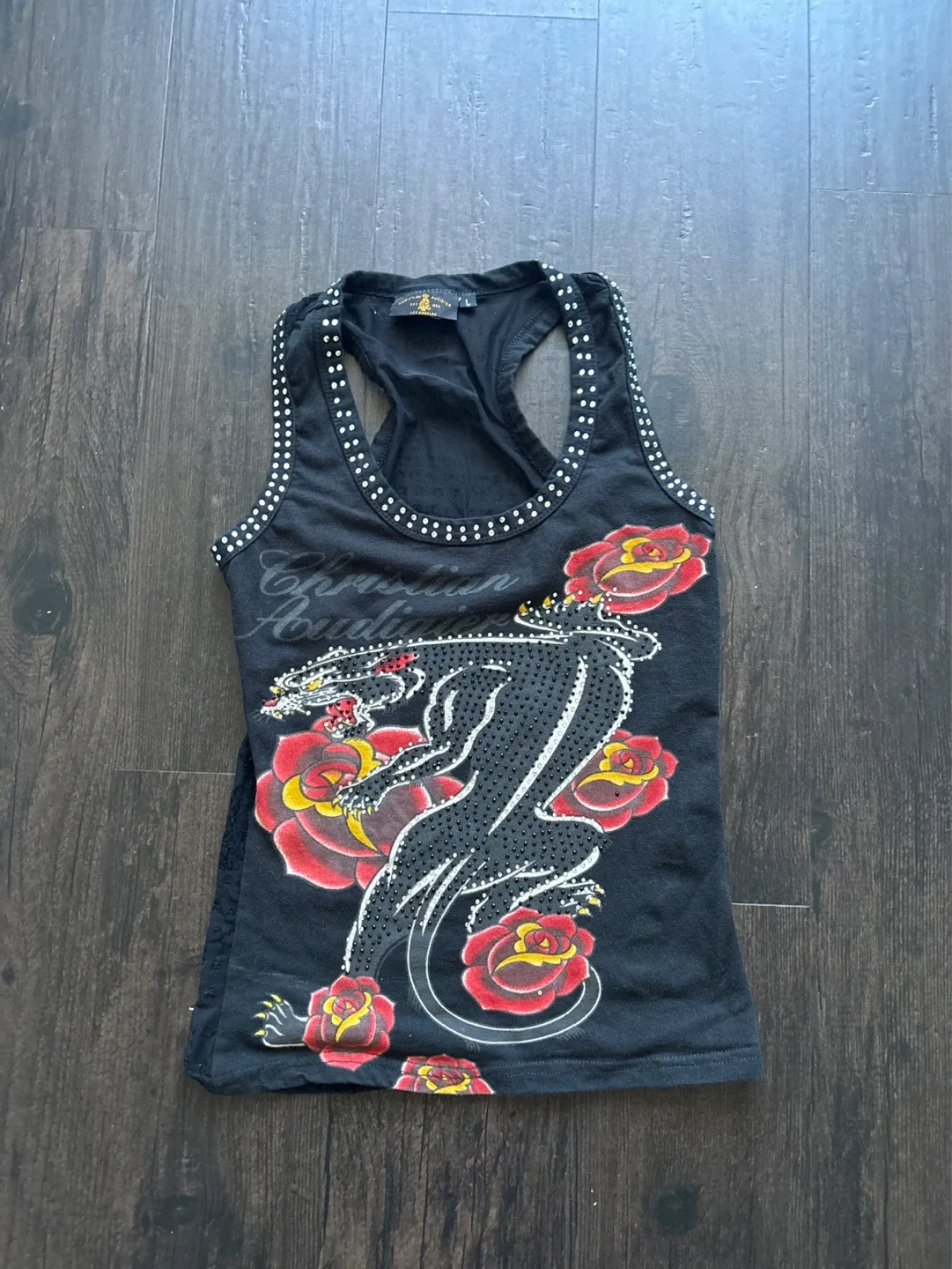 Christian Audigier Black Panther & Roses Tank Top