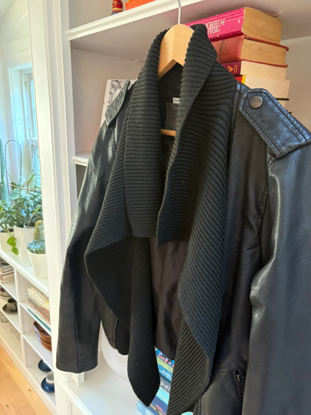 Women's Faux Leather Jacket with Shawl Collar