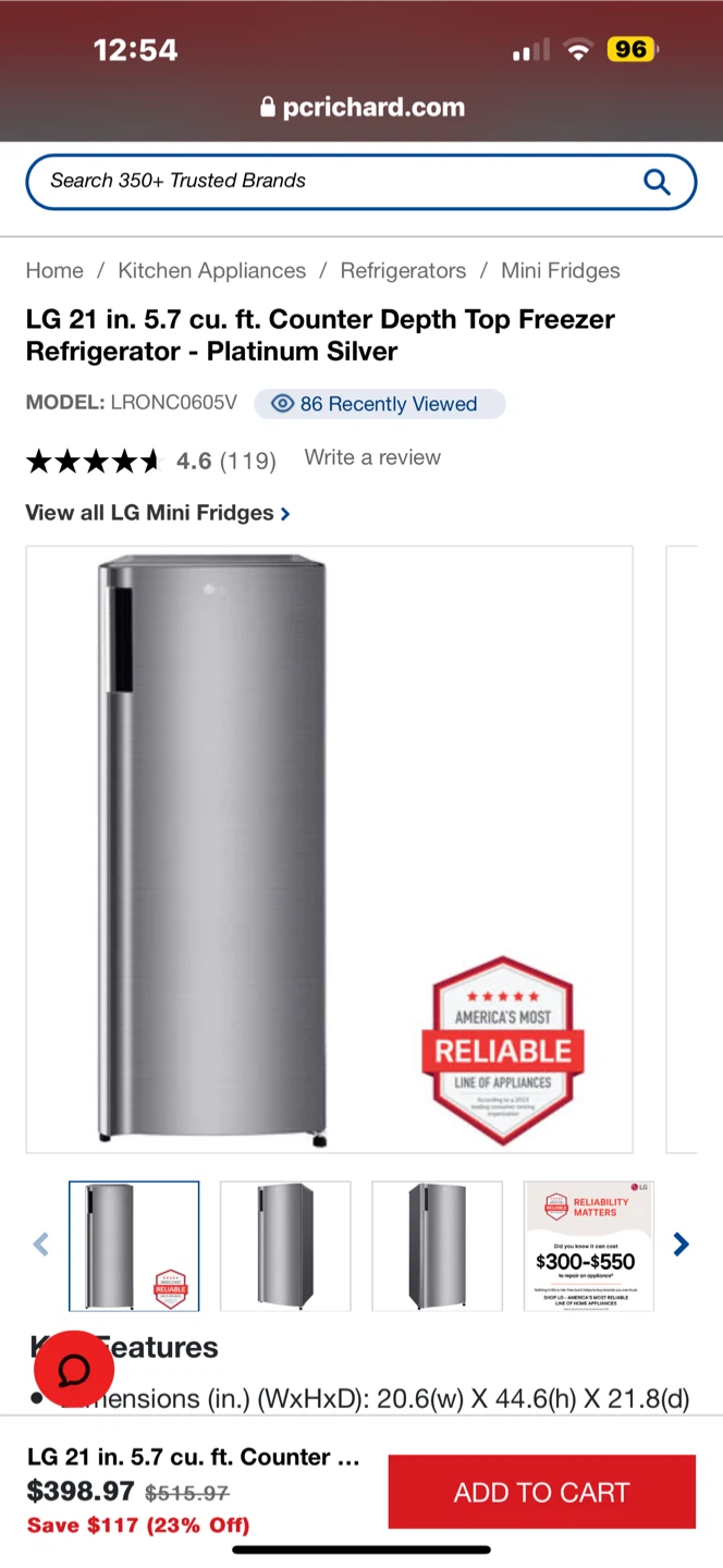 LG 21 in. 5.7 cu. ft. Counter Depth Top Freezer Refrigerator