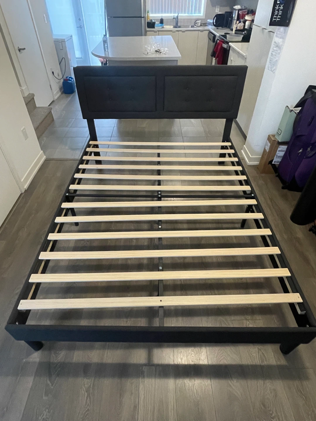 Dark Grey Upholstered Queen Bed Frame with Tufted Headboard