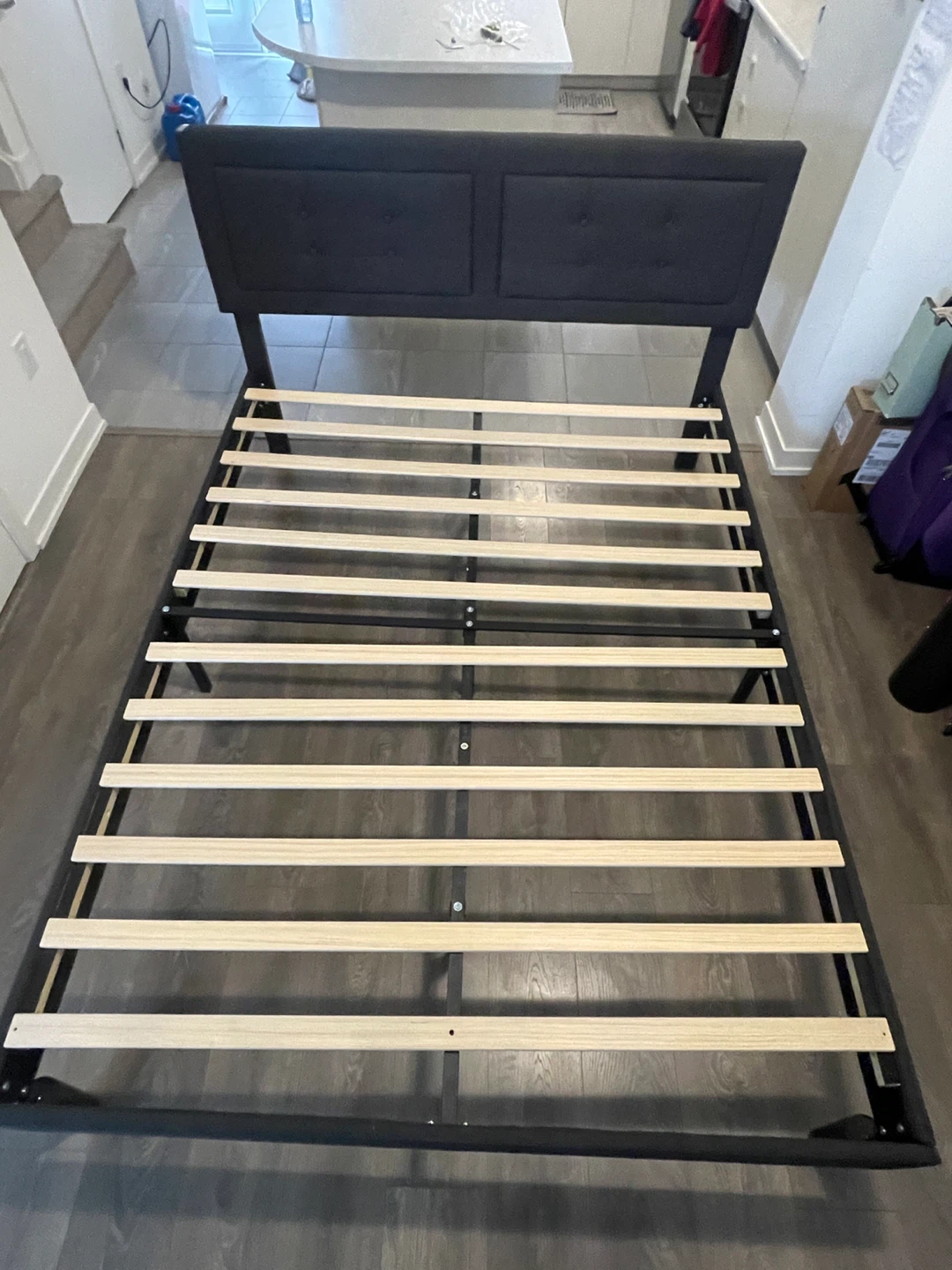 Dark Grey Upholstered Queen Bed Frame with Tufted Headboard - photo 5