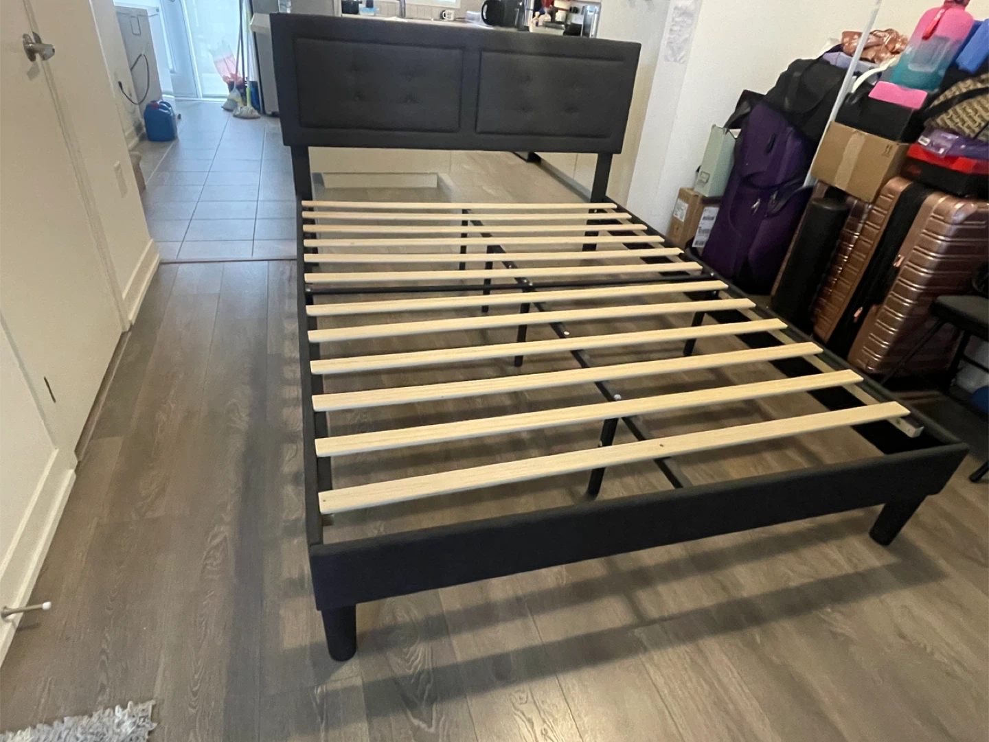 Dark Grey Upholstered Queen Bed Frame with Tufted Headboard - photo 3