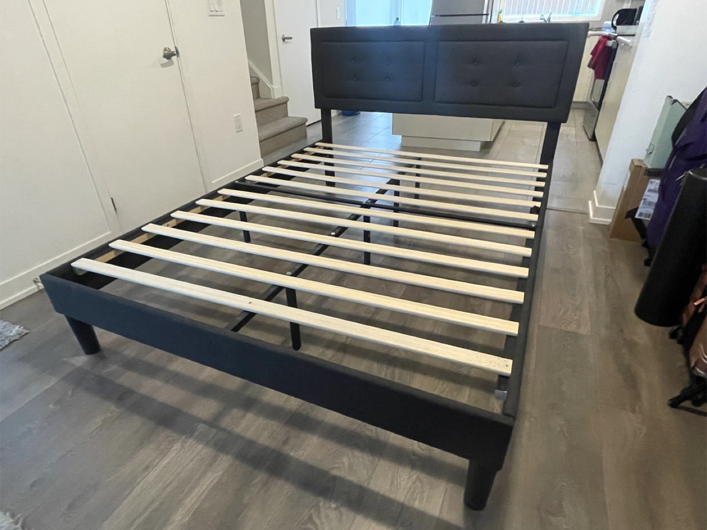 Dark Grey Upholstered Queen Bed Frame with Tufted Headboard - photo 2