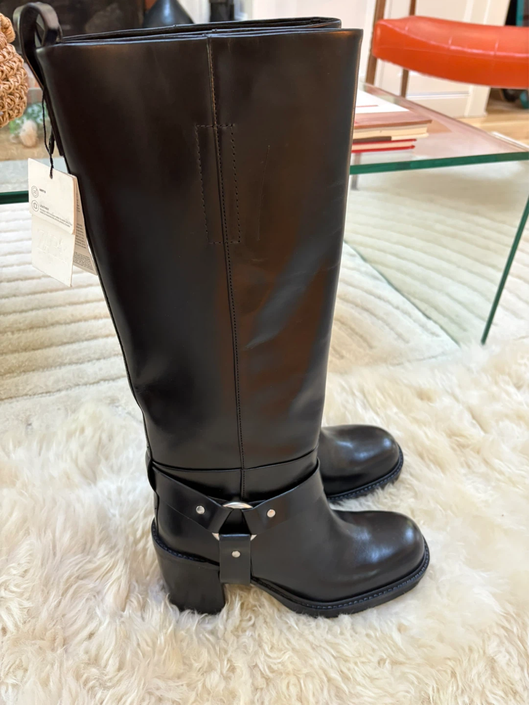 Zara Black Leather Knee-High Boots - Size 40