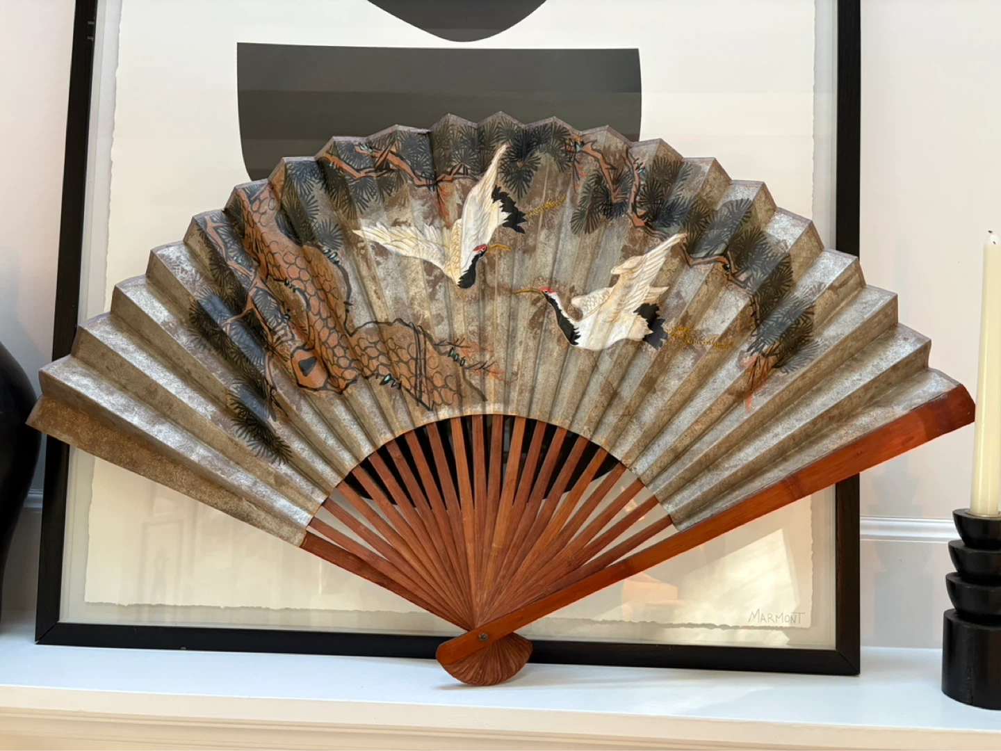Decorative Folding Fan with Cranes and Dragon Motif