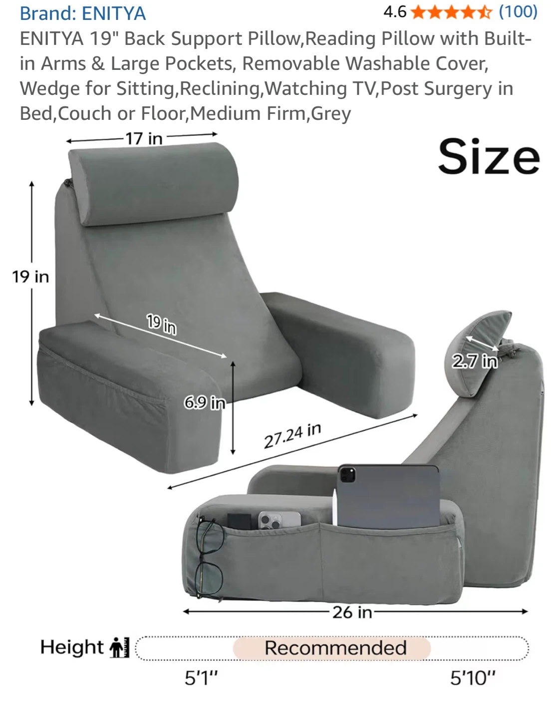 ENITYA 19" Back Support Pillow - Grey, Medium Firm