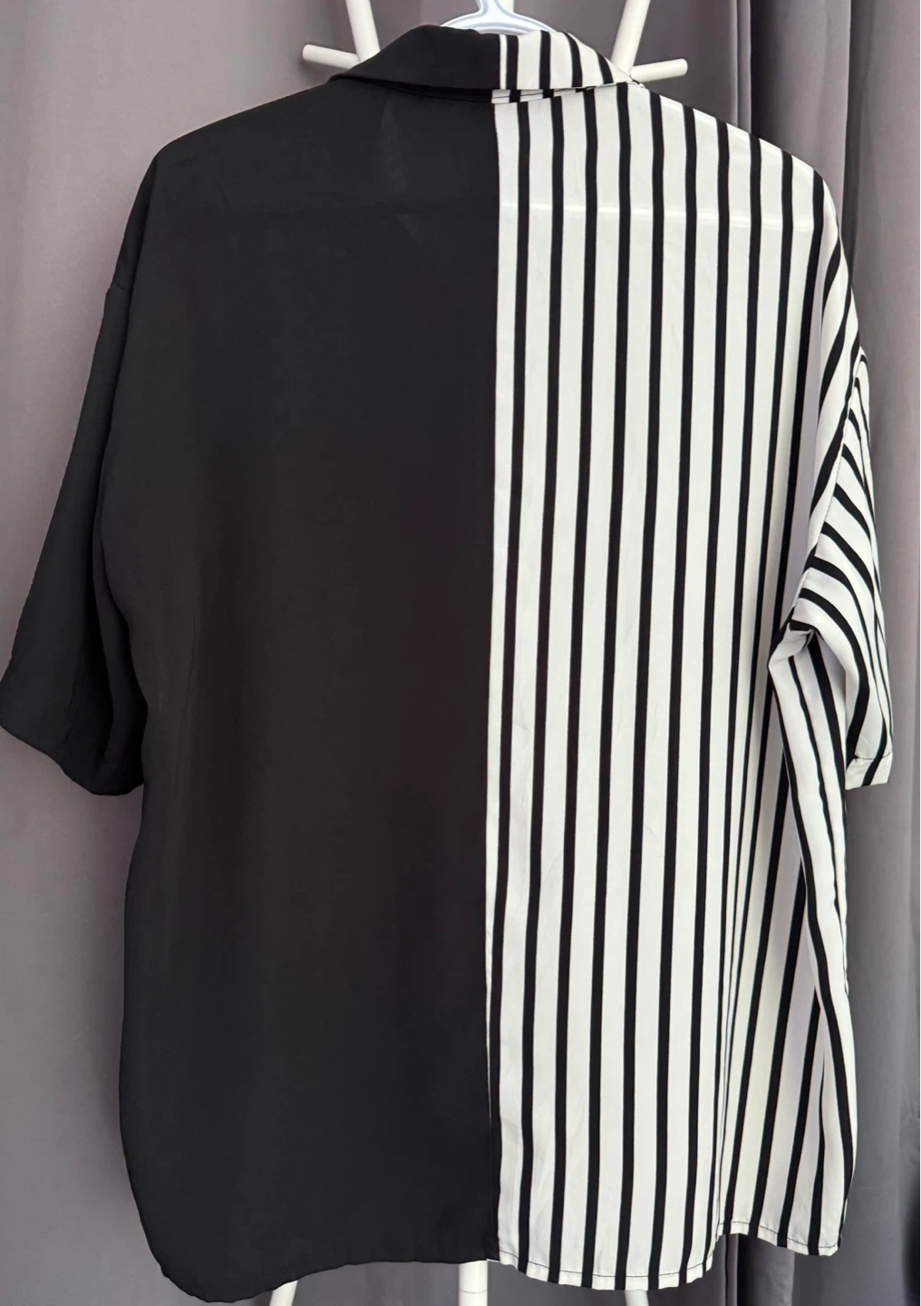 Black and White Striped Half and Half Short Sleeve Shirt - photo 2