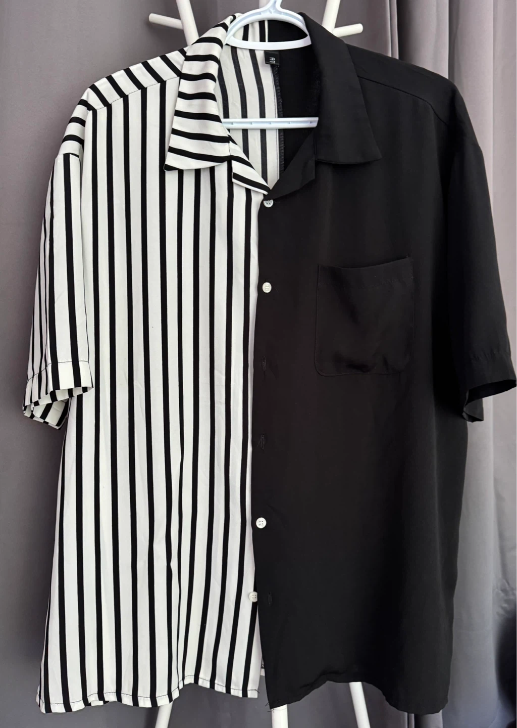 Black and White Striped Half and Half Short Sleeve Shirt