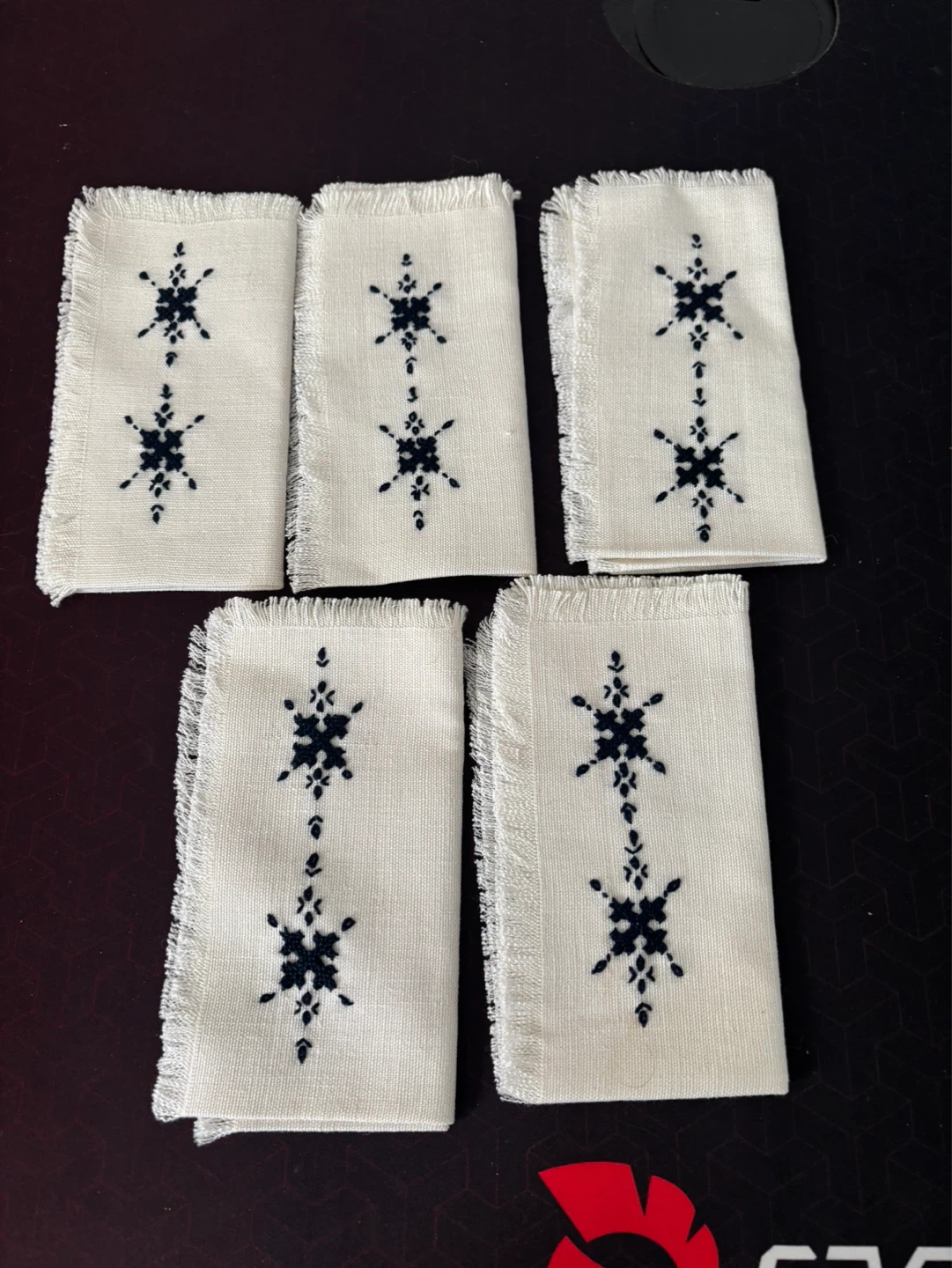 Set of 5 Embroidered  Linen Napkins with Fringed Edges