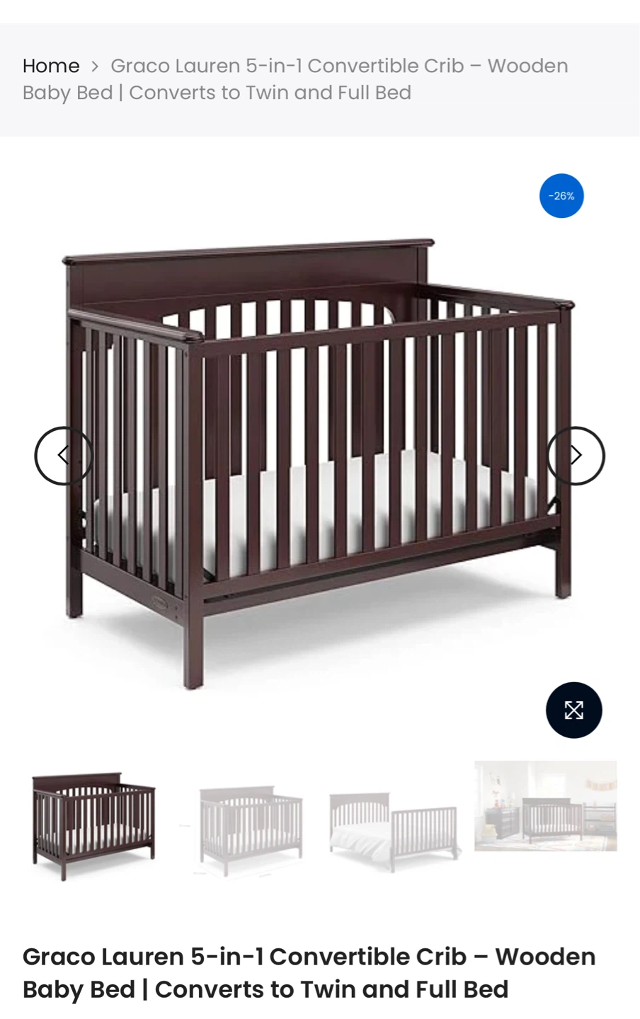 Graco Lauren 5-in-1 Convertible Crib - Dark Brown