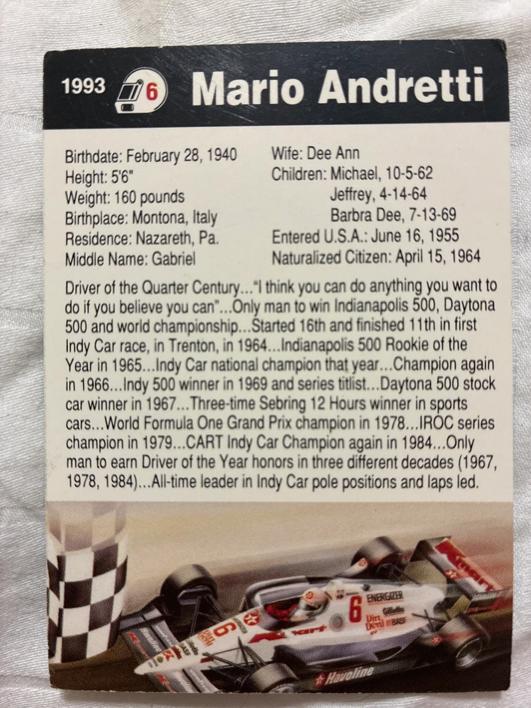1993 Mario Andretti Racing Card - photo 2
