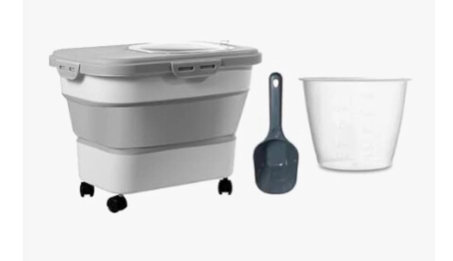 Collapsible Storage Bin with Scoop, Cup and Wheels