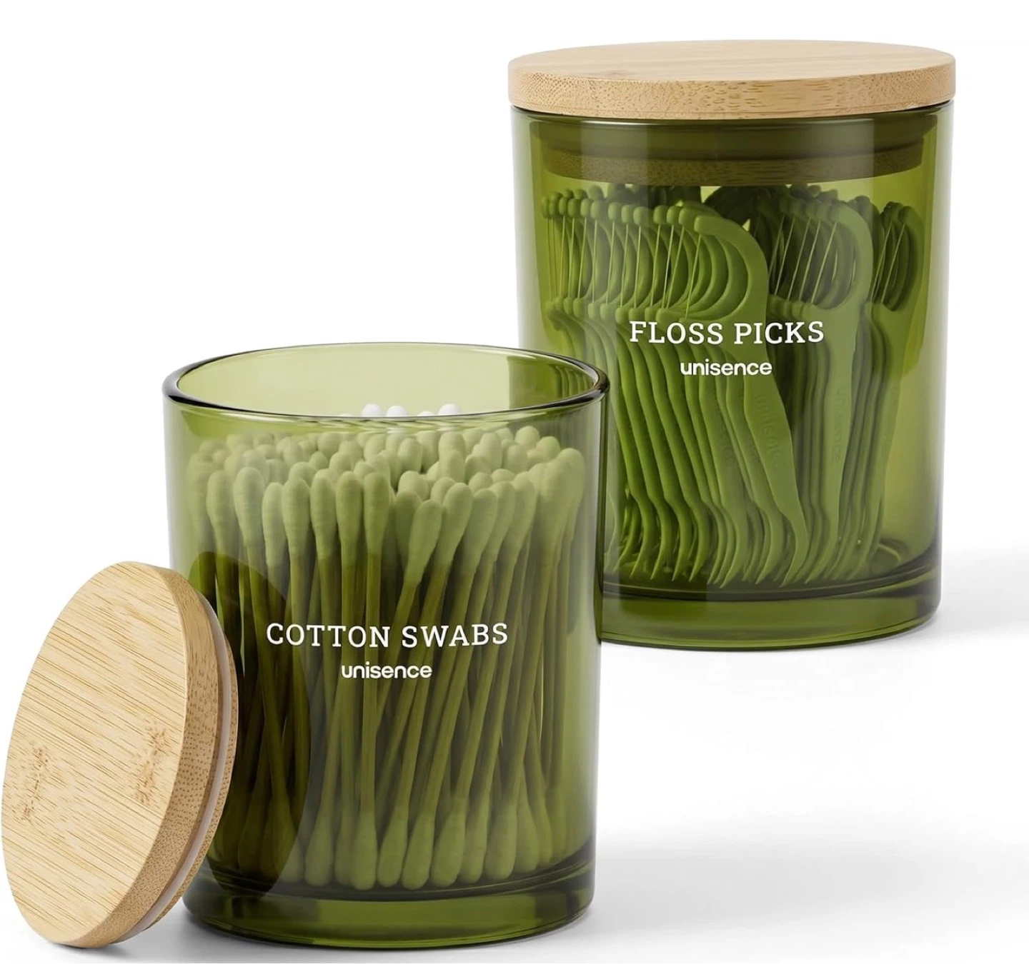 Unisence Glass Cotton Swab Holder with Bamboo Lid