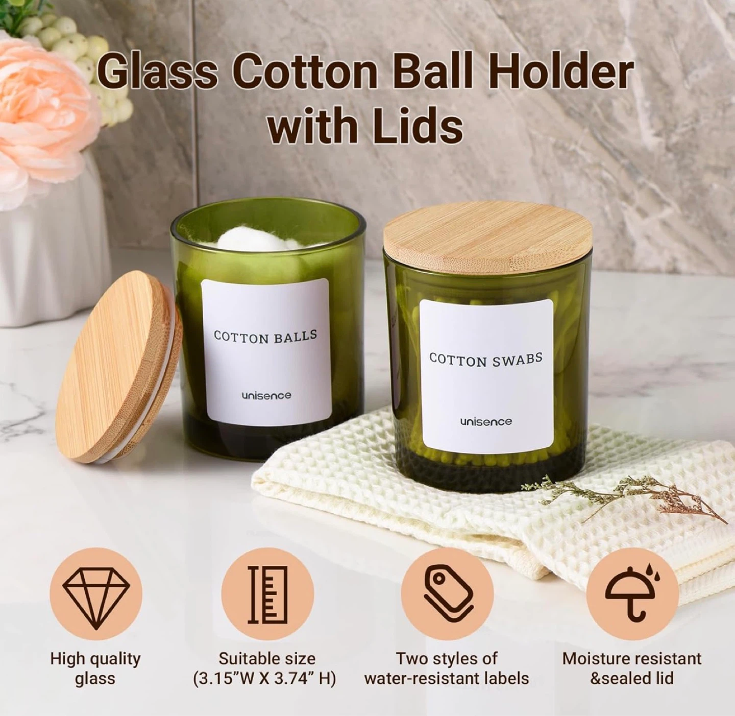 Unisence Glass Cotton Swab Holder with Bamboo Lid - photo 5