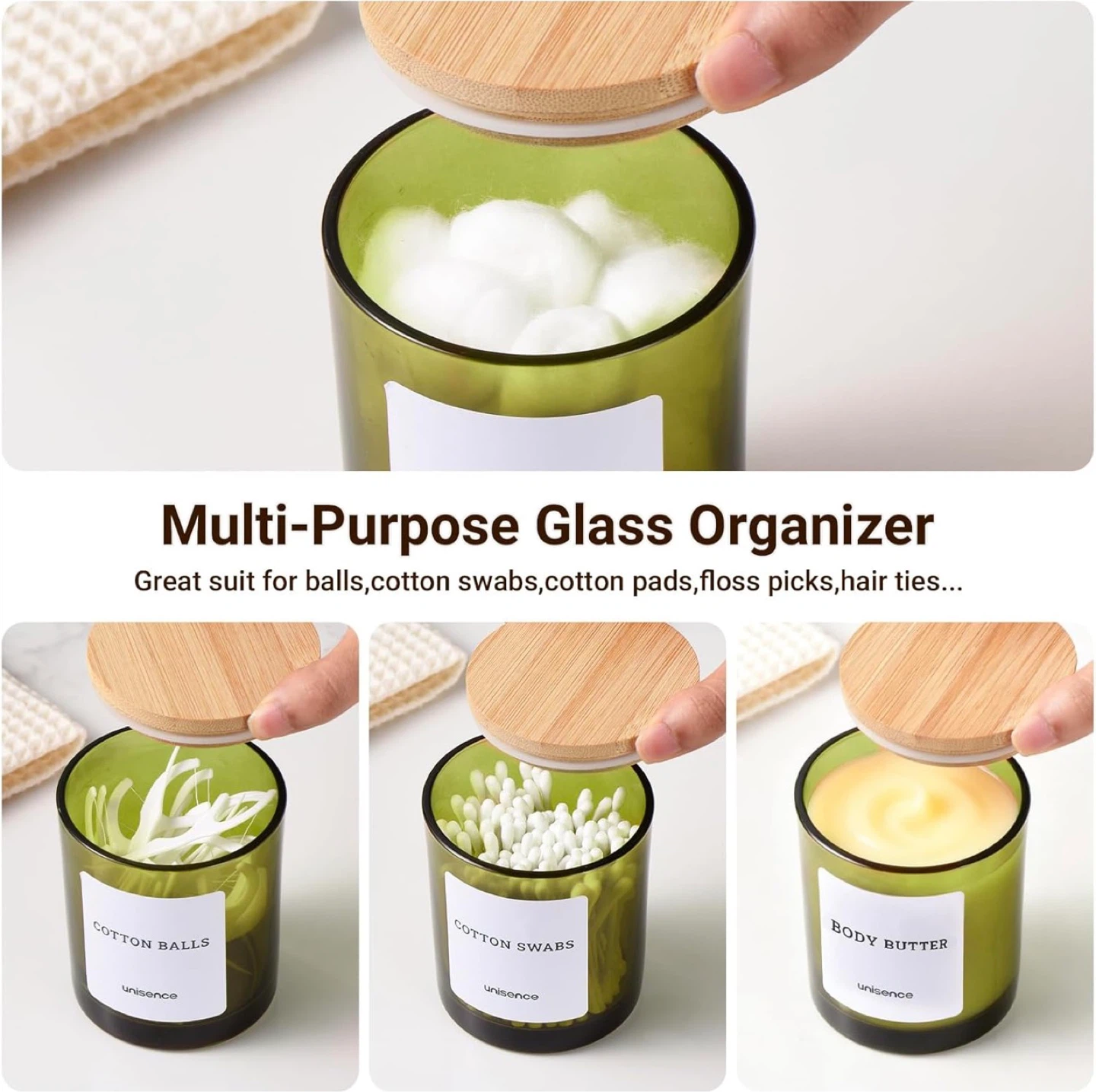 Unisence Glass Cotton Swab Holder with Bamboo Lid - photo 4