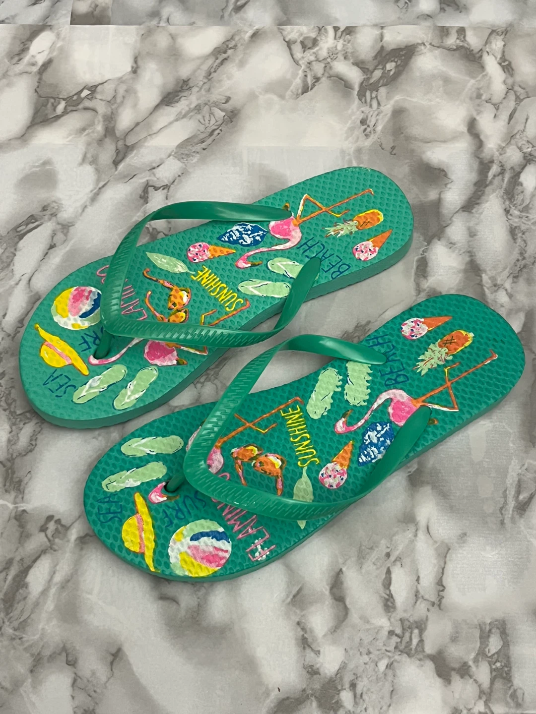 Green Flip Flops with Flamingo and Sunshine Design