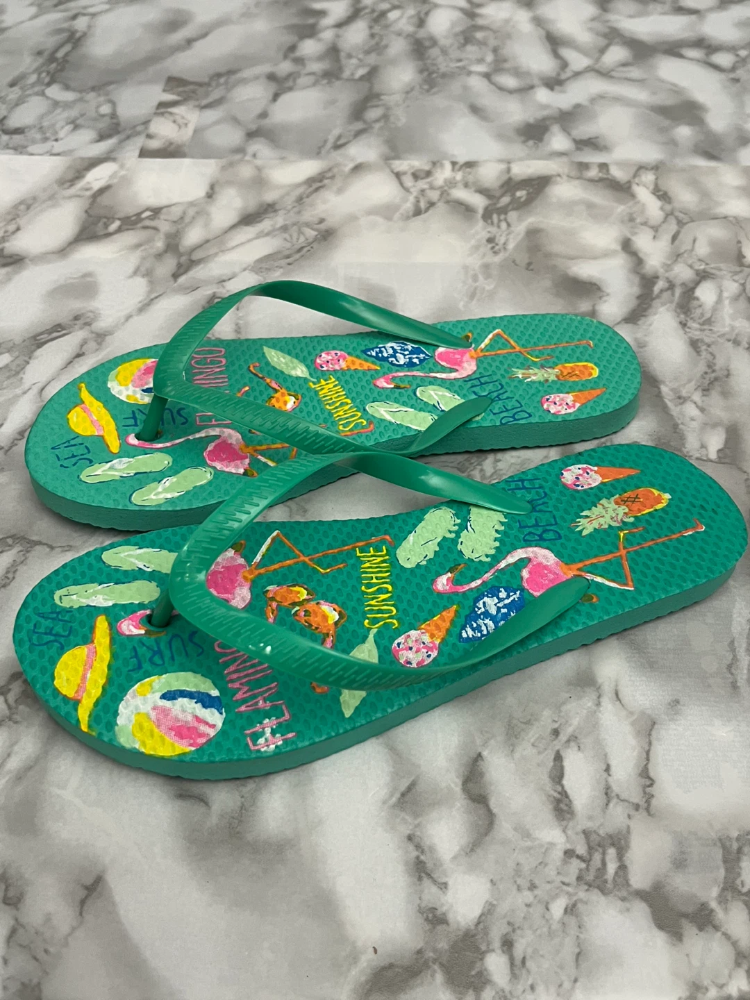 Green Flip Flops with Flamingo and Sunshine Design - photo 3