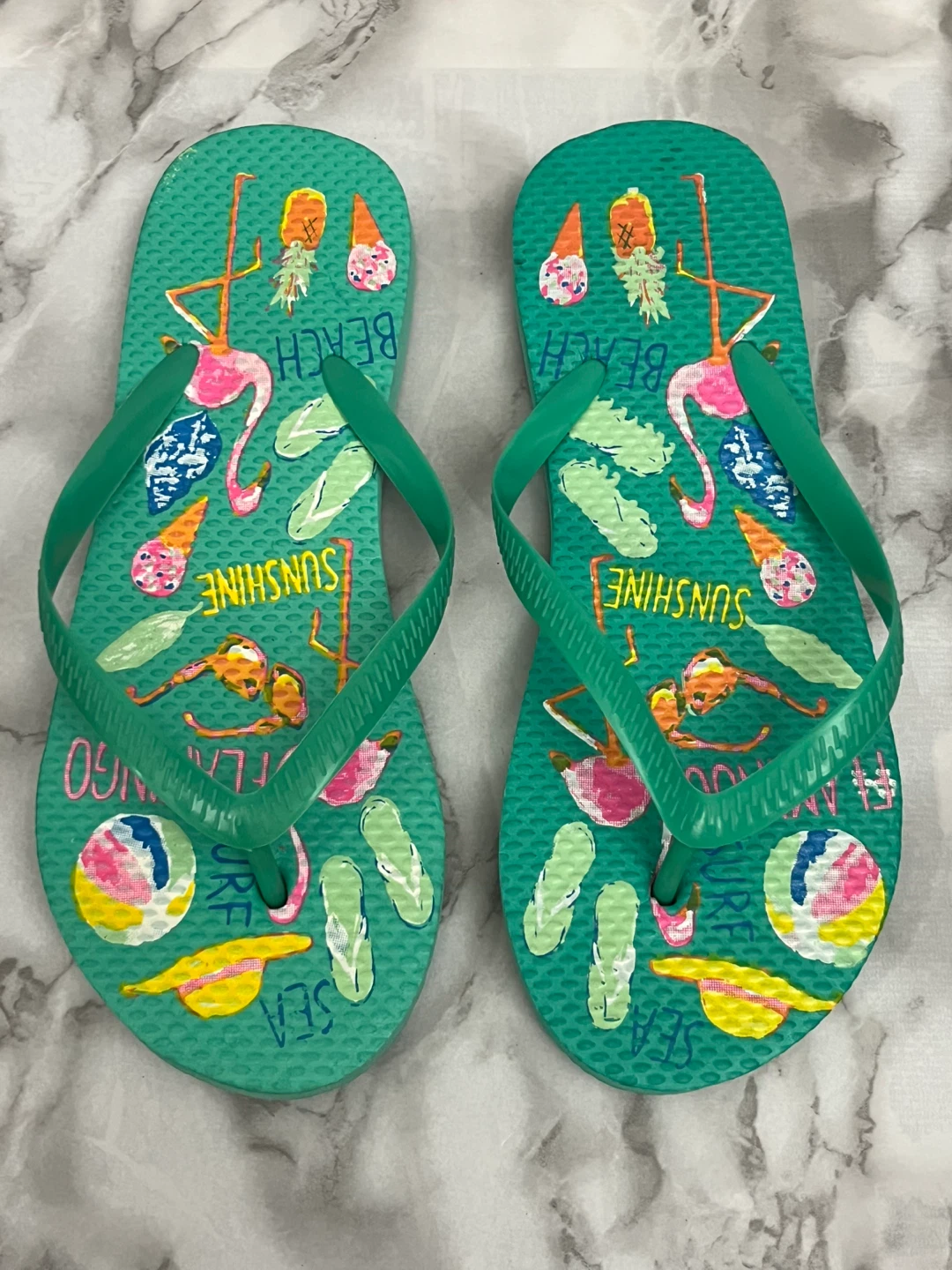 Green Flip Flops with Flamingo and Sunshine Design - photo 2