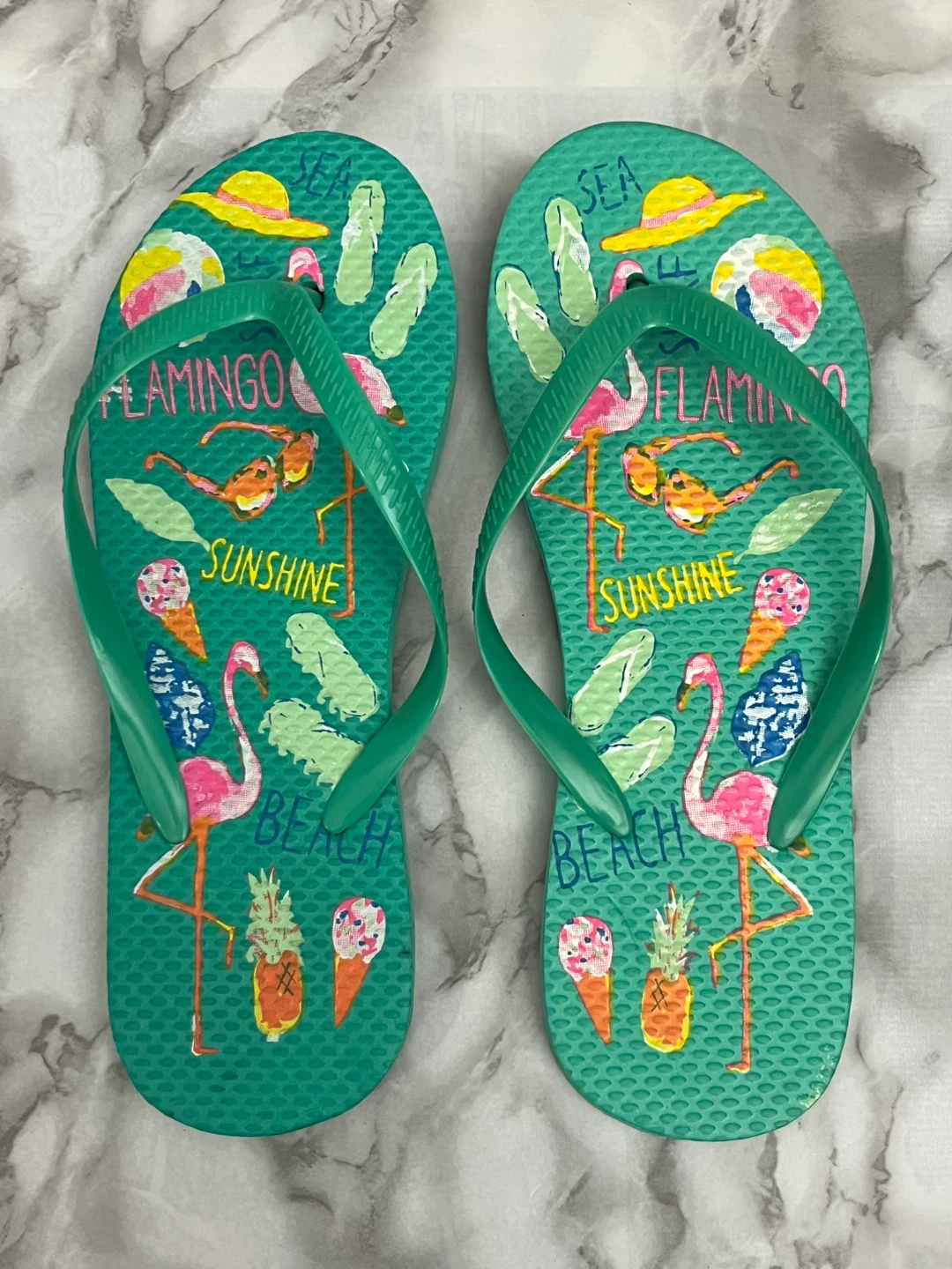 Green Flip Flops with Flamingo and Sunshine Design - photo 4
