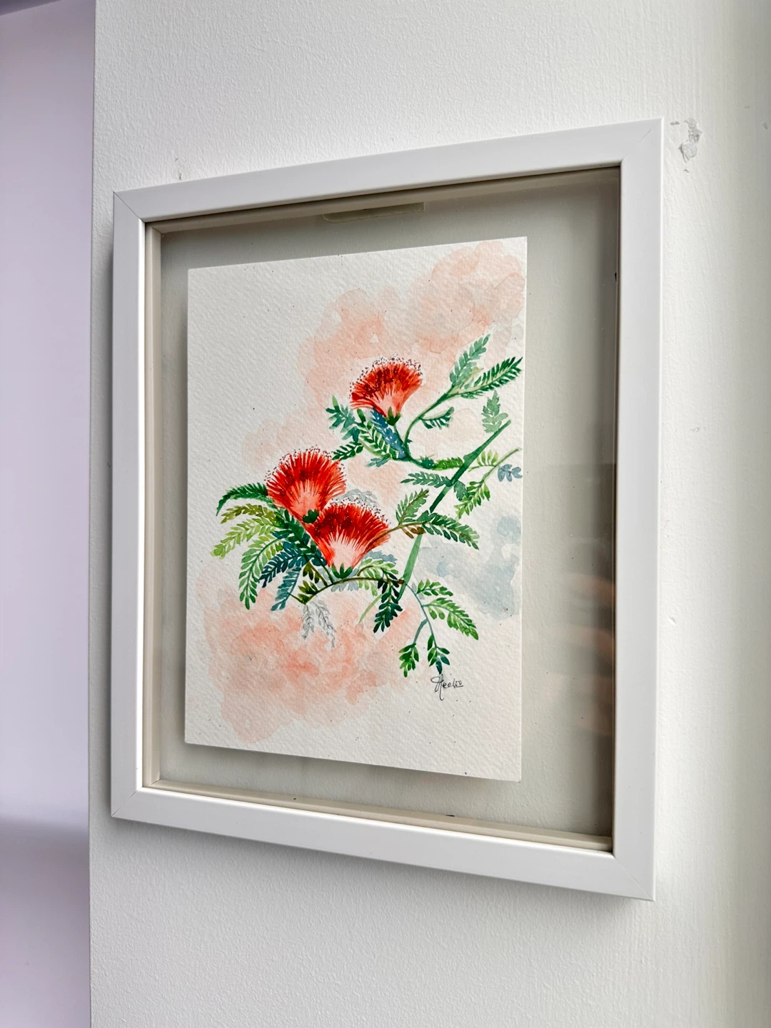 Framed Watercolor Painting of Red Flowers - photo 3