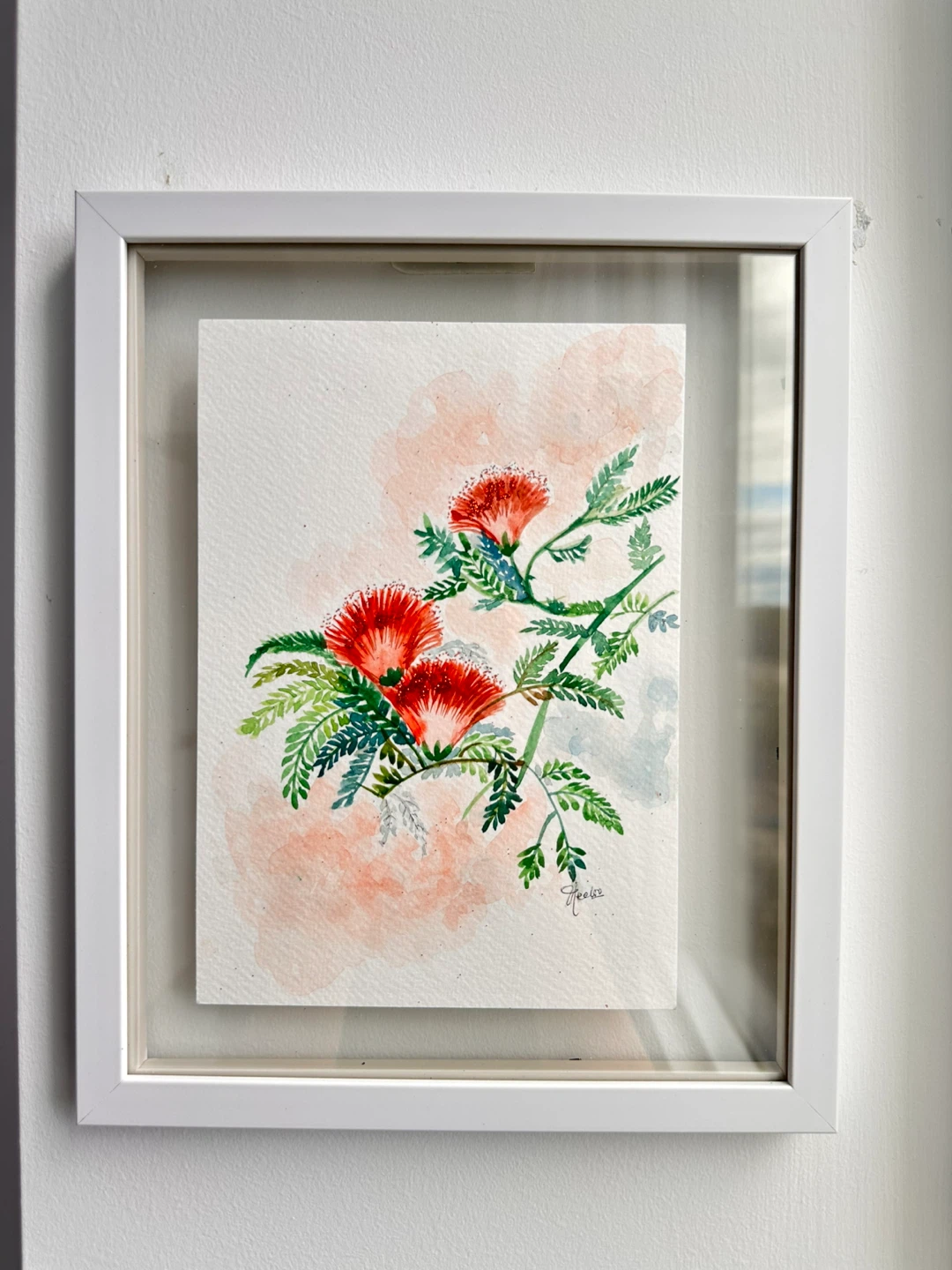 Framed Watercolor Painting of Red Flowers