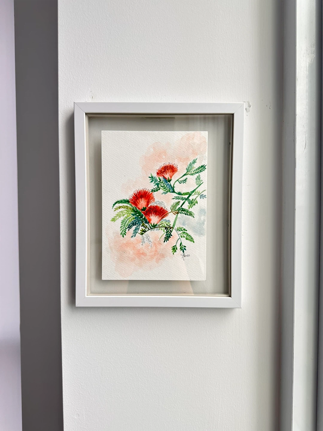 Framed Watercolor Painting of Red Flowers - photo 2