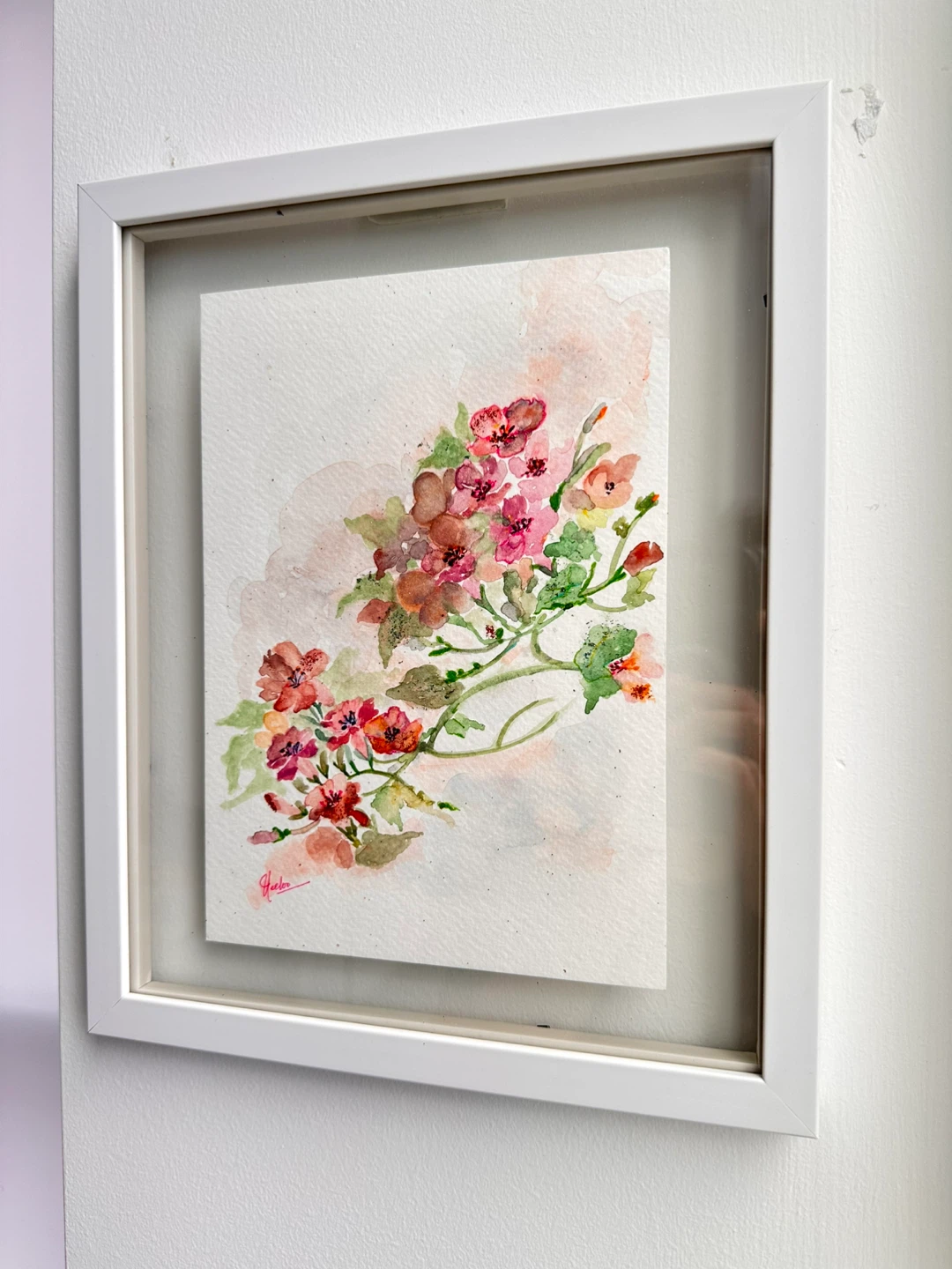 Framed Watercolour Painting of Pink Flowers