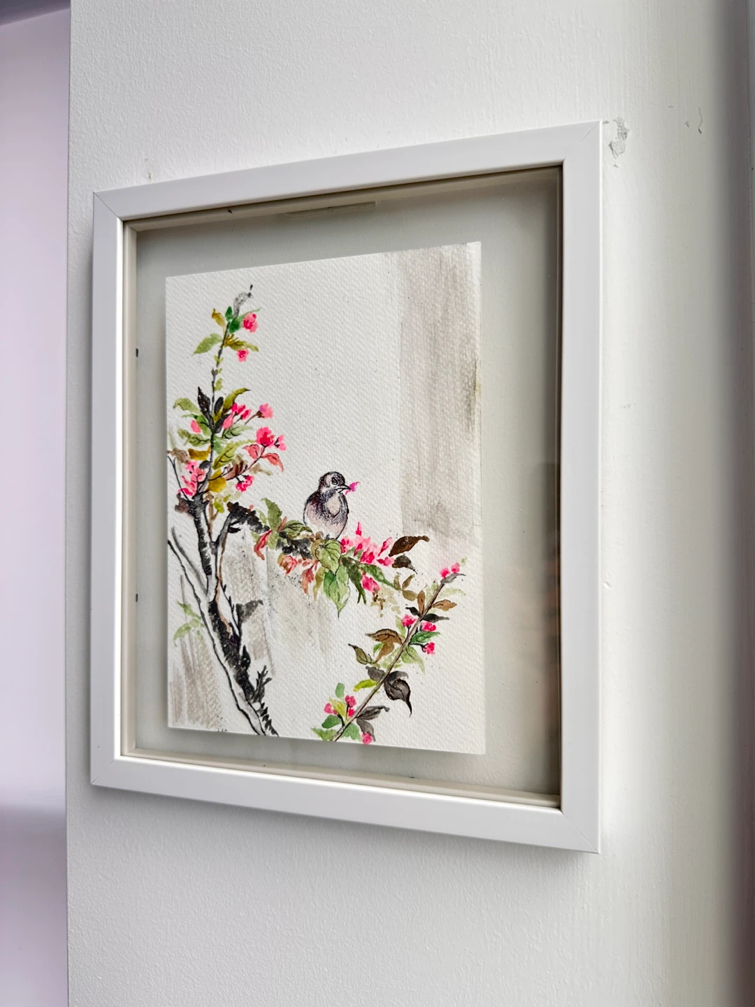 Framed Watercolour Painting of Bird on Branch