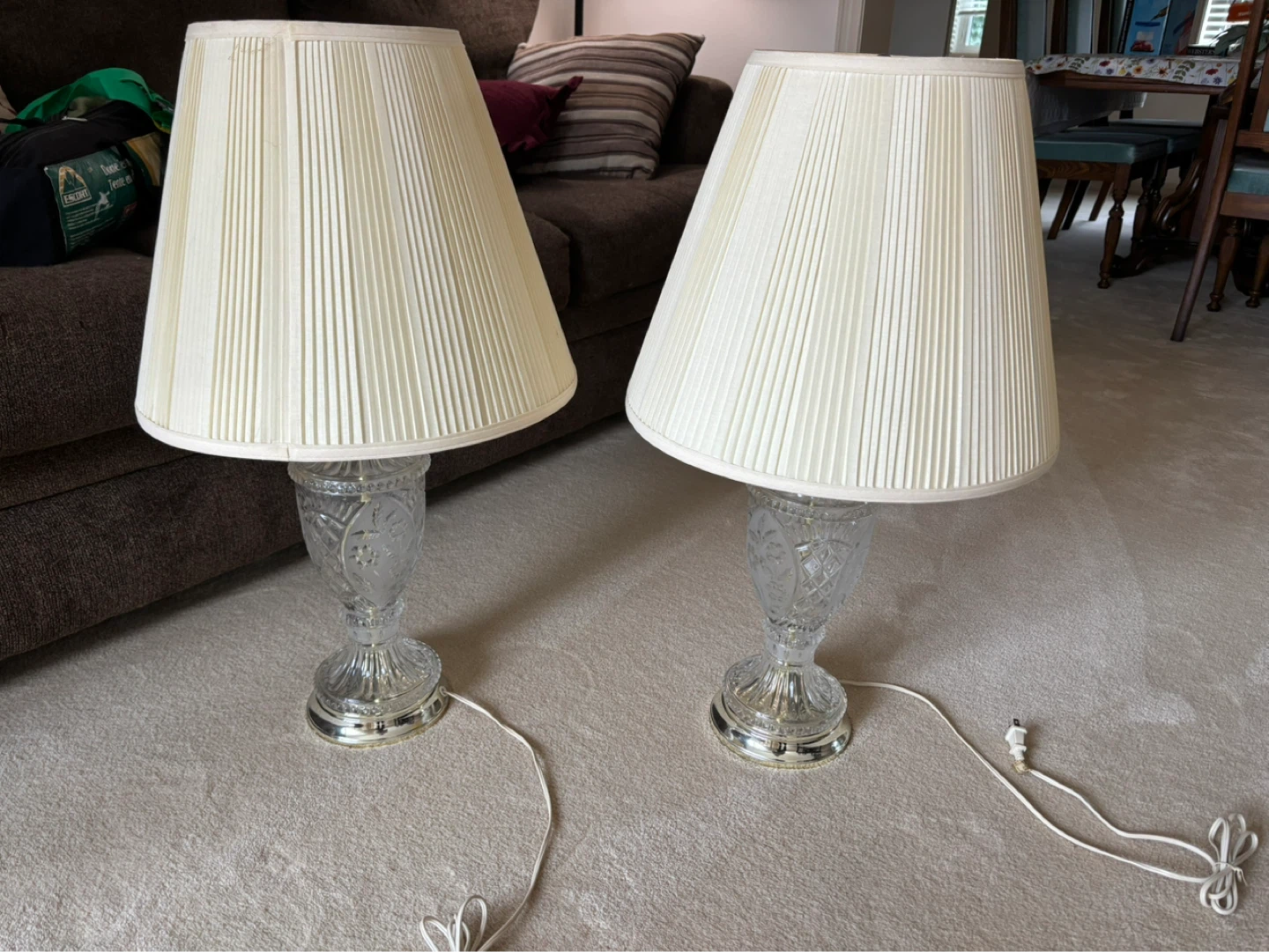 Set of 2 Crystal Accent Table Lamps with Cream Pleated Shades
