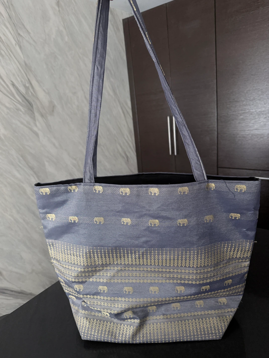 pastel purple tote bag with elephant pattern
