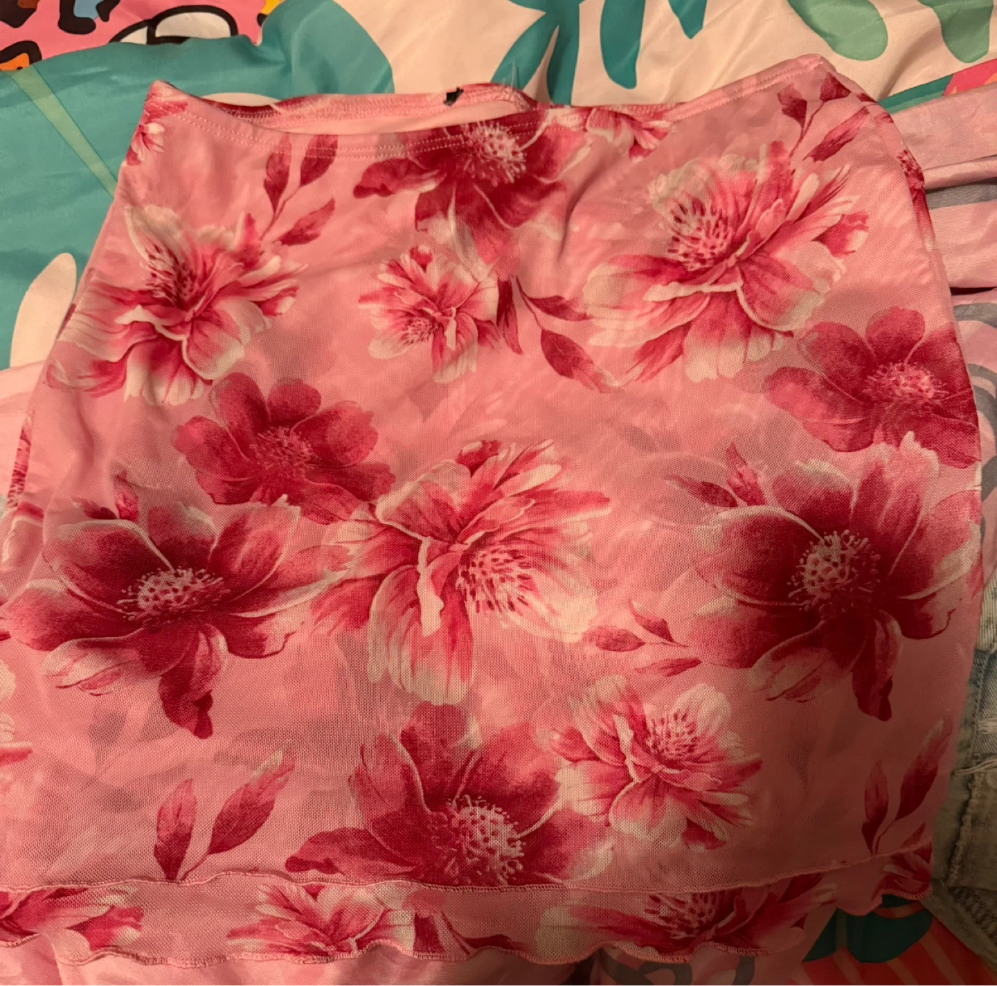 Pink floral mesh mini skirt