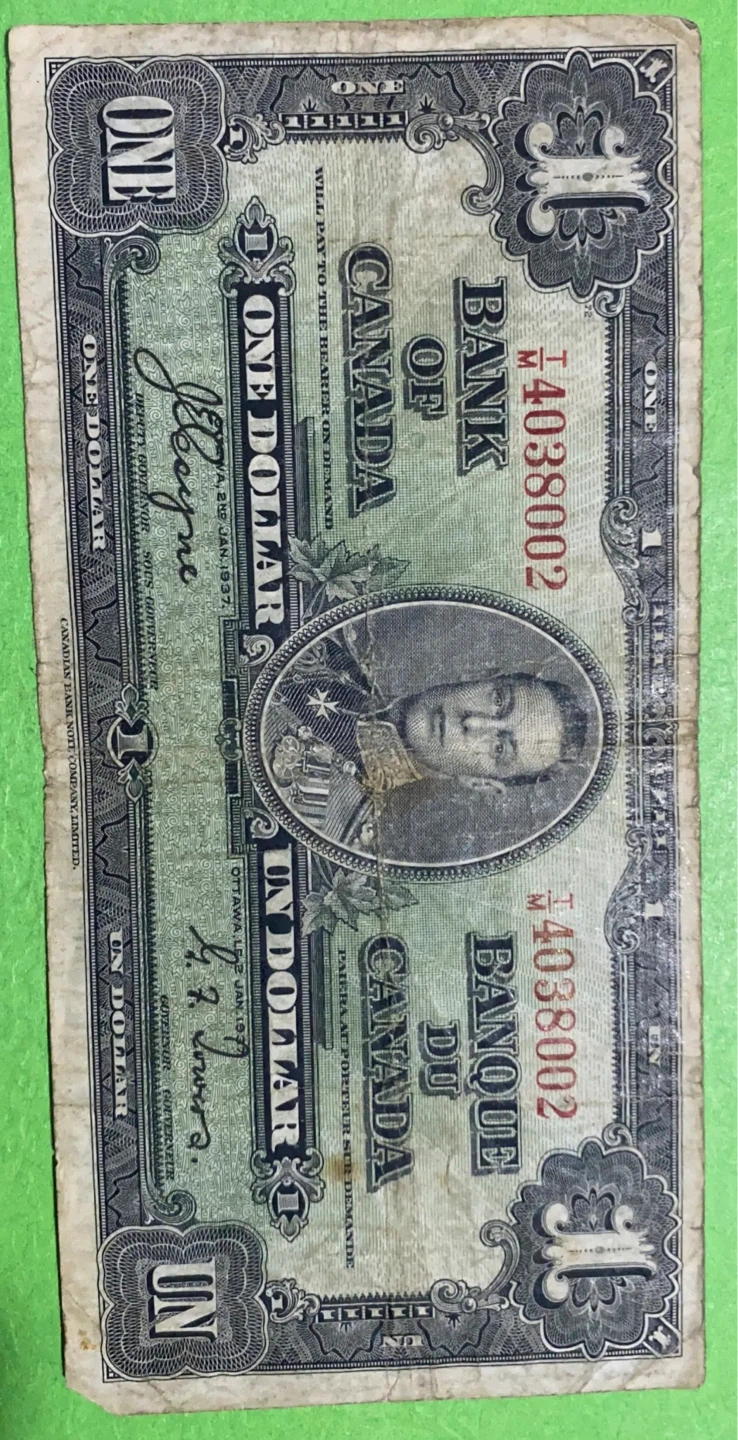 Bank of Canada One Dollar Bill - 1937