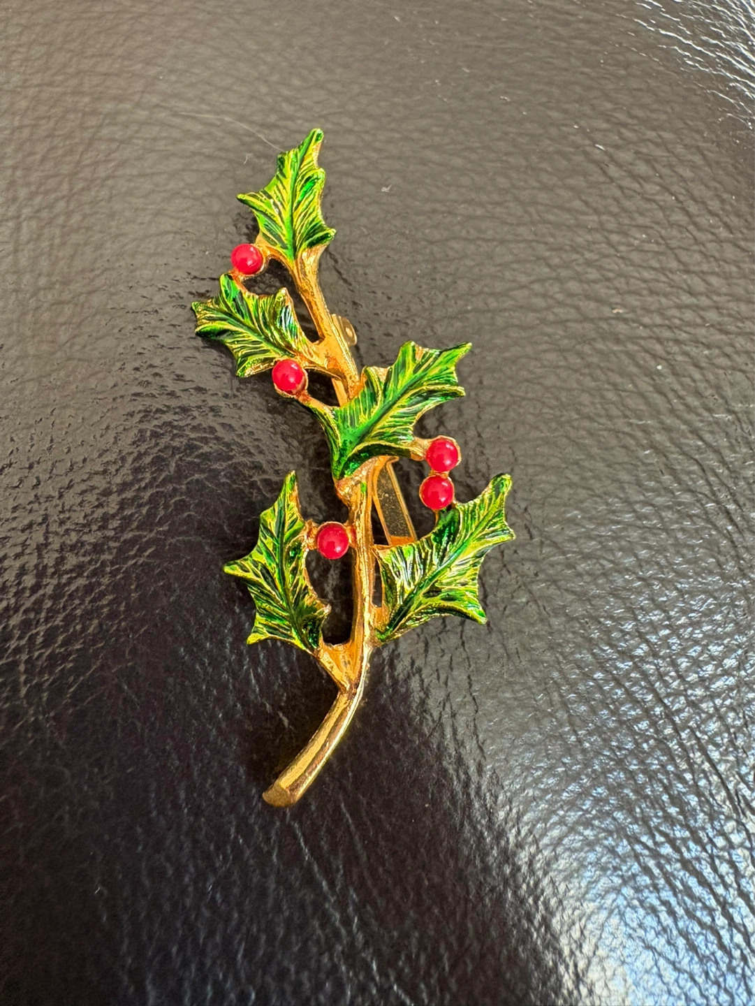 Gold Tone Holly Brooch with Red Berries