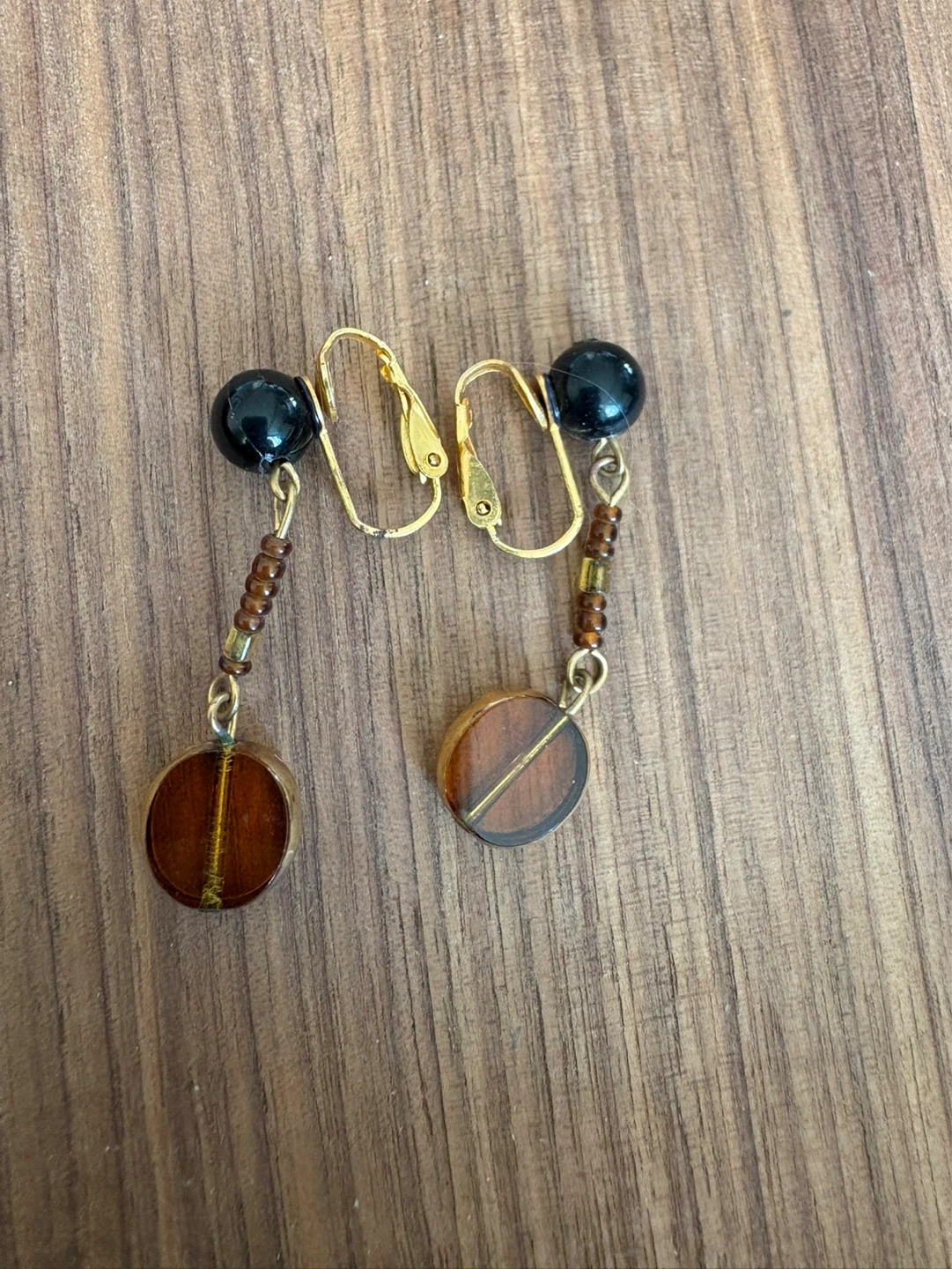 Clip-on Earrings with Black Beads and Wood Pendants