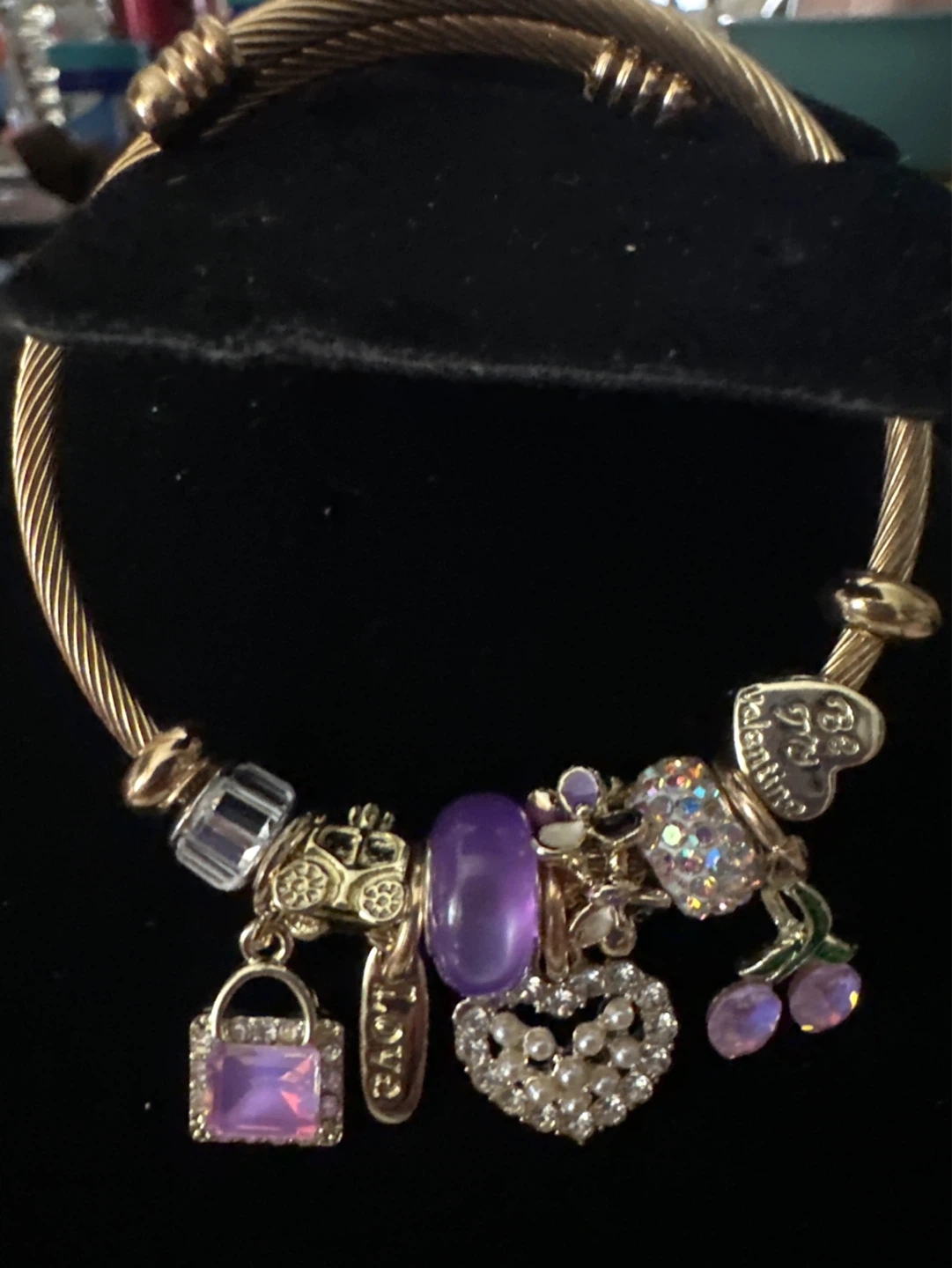 Stainless steel Gold Tone Charm Bracelet with Purple Accents
