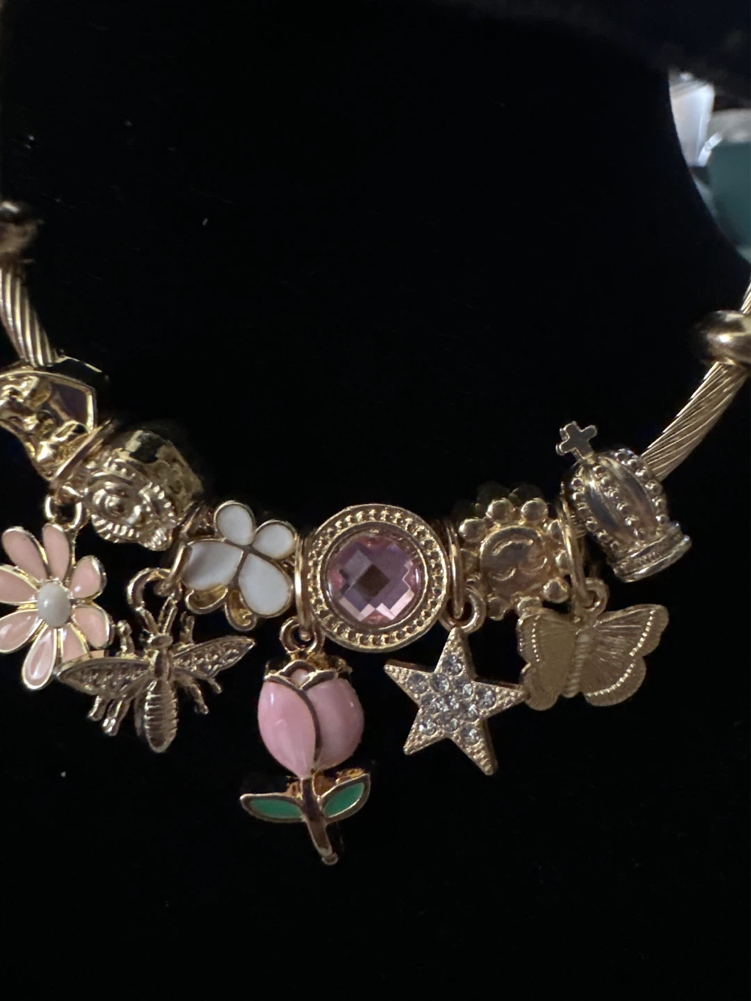 Gold Charm Bracelet with Flowers, Bee, Butterfly, Crown - photo 3