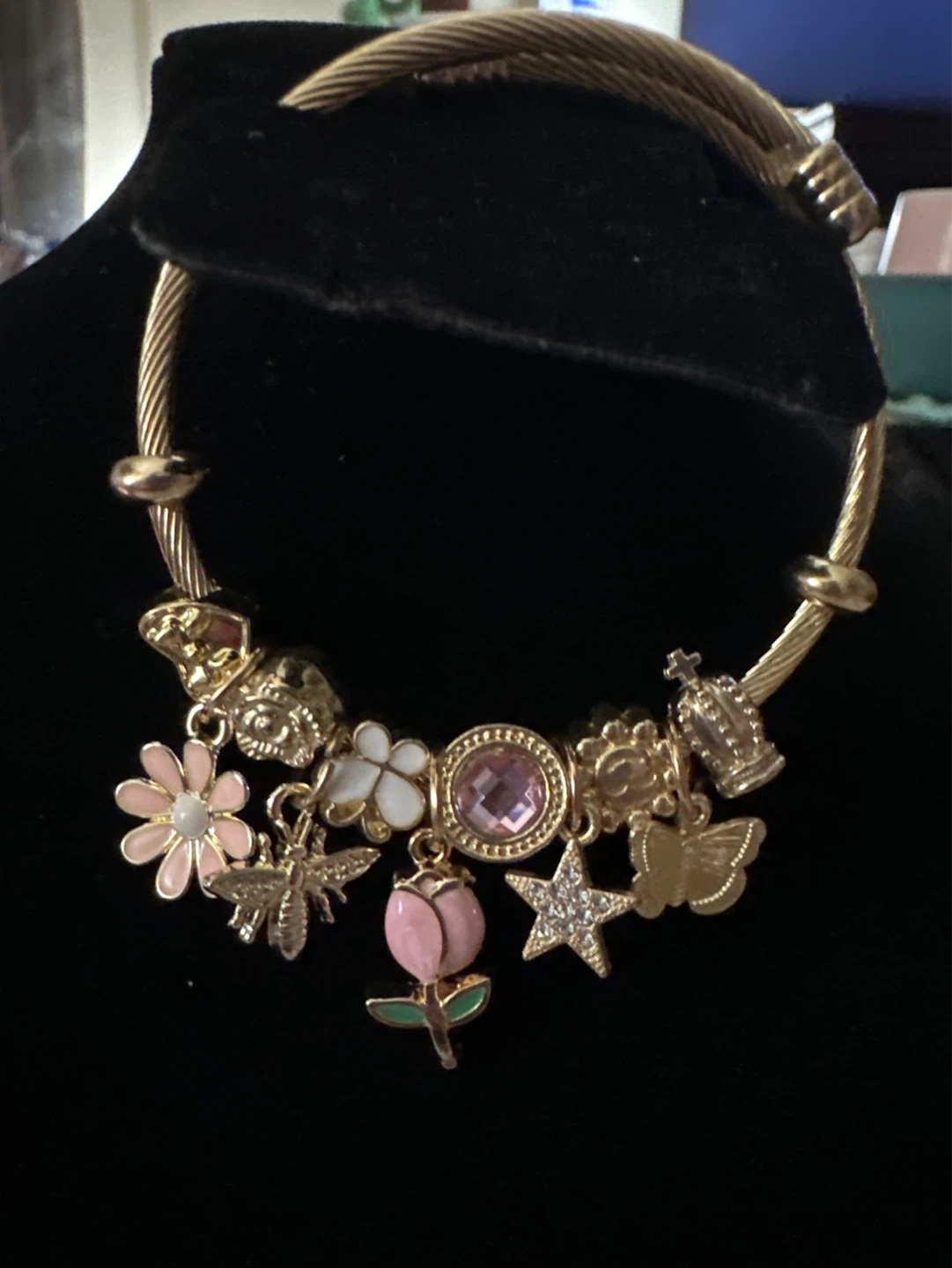 Gold Charm Bracelet with Flowers, Bee, Butterfly, Crown