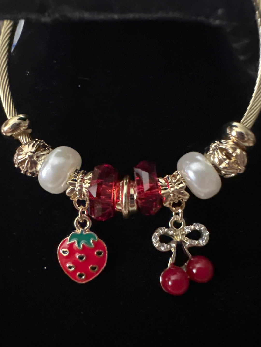 Gold Tone Charm Bracelet with Strawberry and Cherry Charms