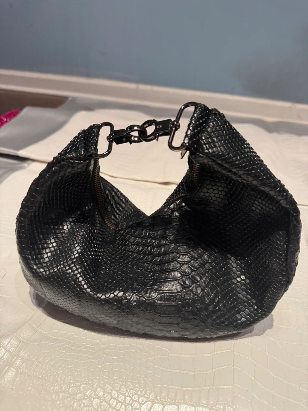 Black Embossed Handbag with Chain Detail