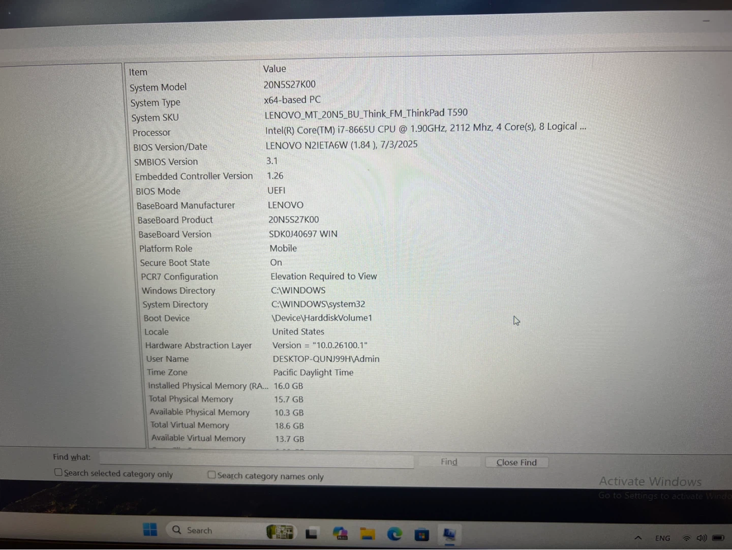 Lenovo ThinkPad T590 Laptop intel i7 8665u 16G 256G win11 pro - photo 2