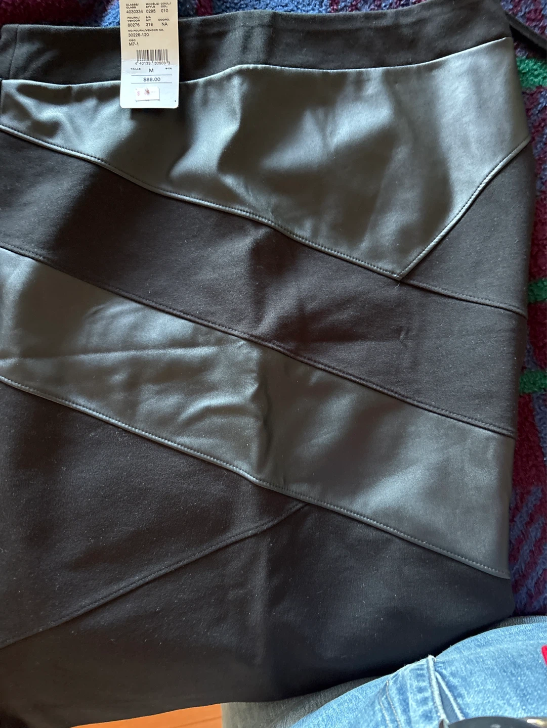 Black Faux Leather & Fabric Skirt