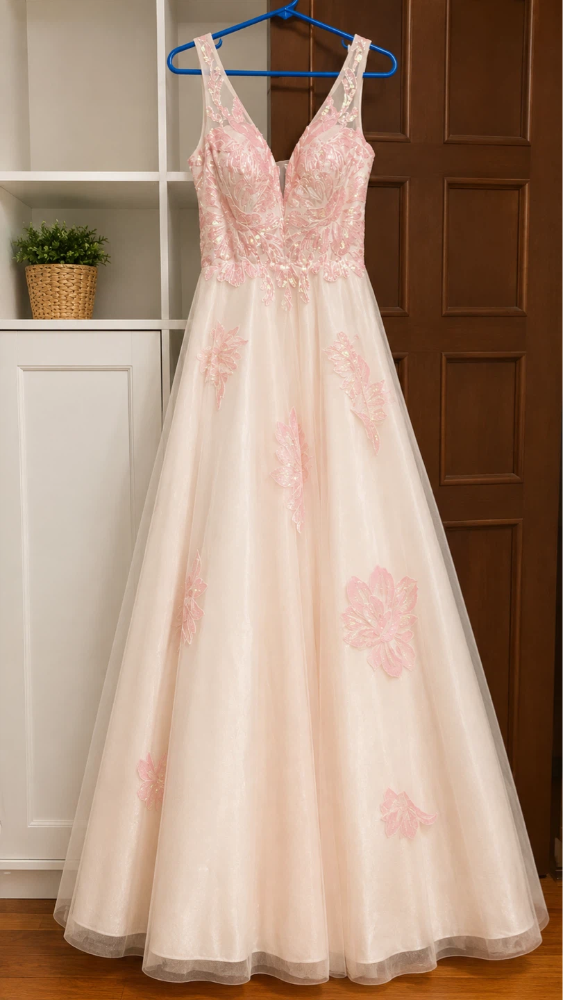 Pink Lace Appliqué Ball Gown
