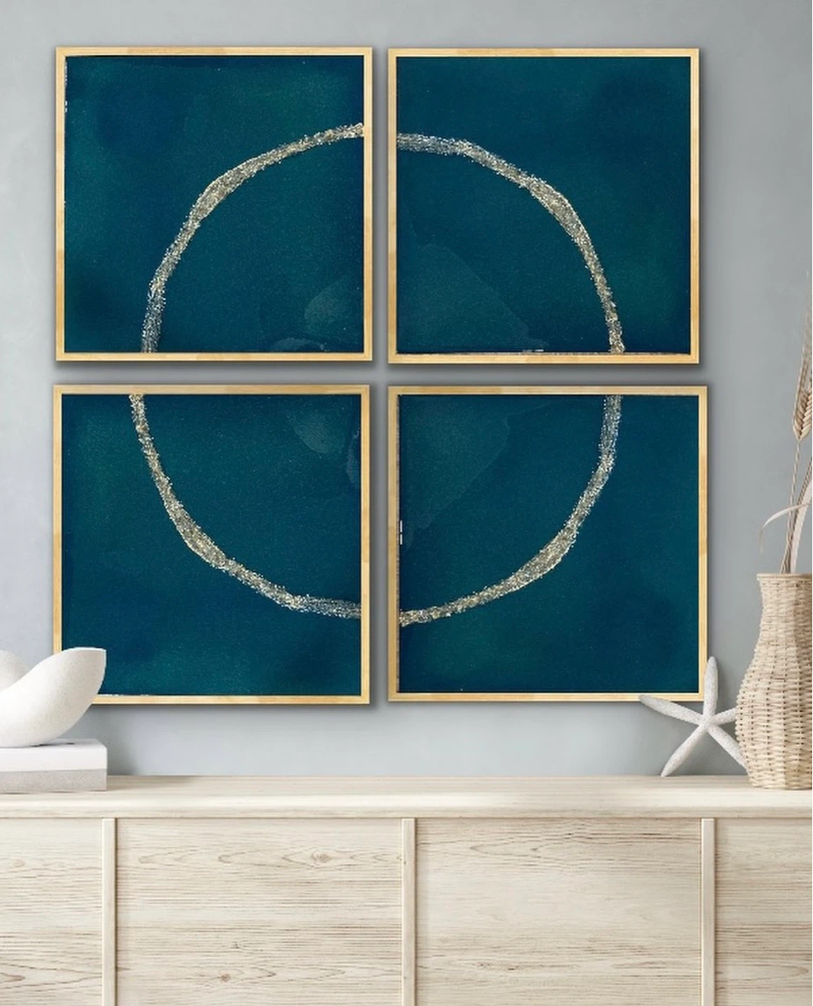 Set of 4 Teal and Gold Abstract Art