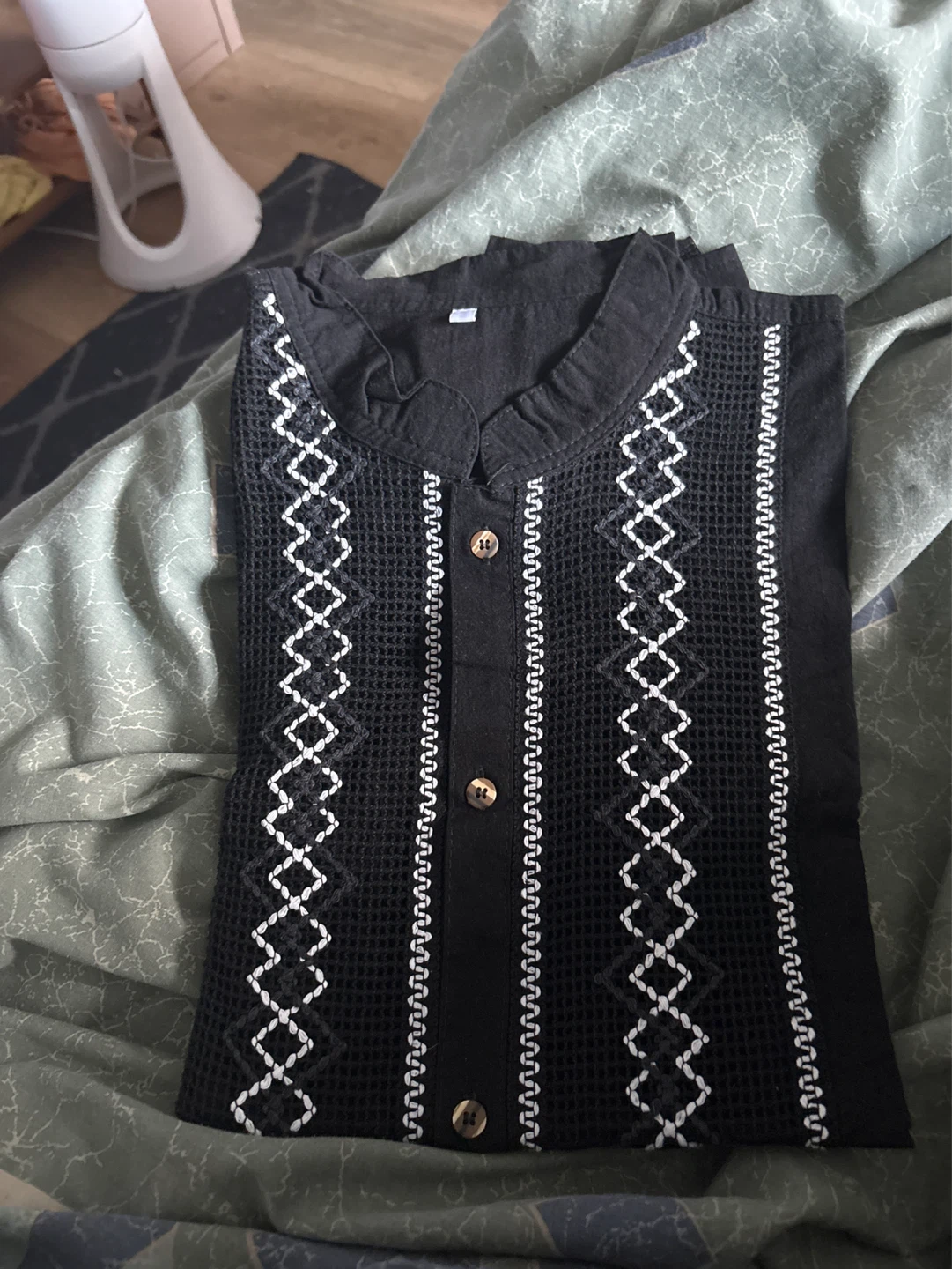 Black Button-Up Shirt with White Embroidery