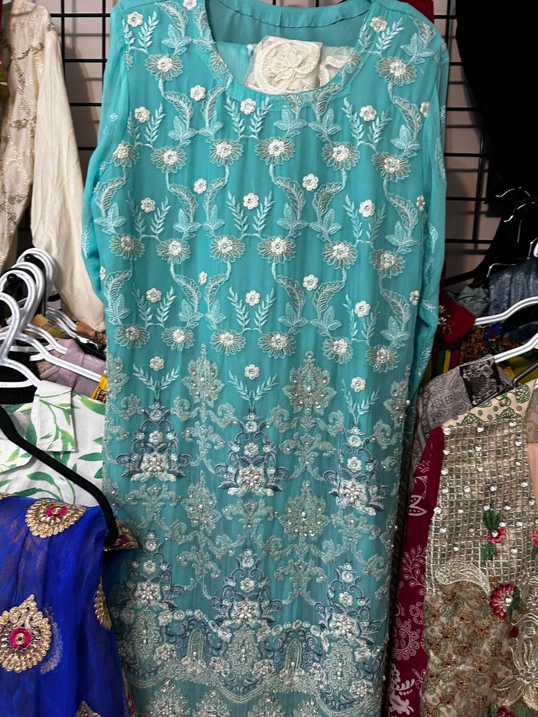 Teal Embroidered net 3 piece dress
