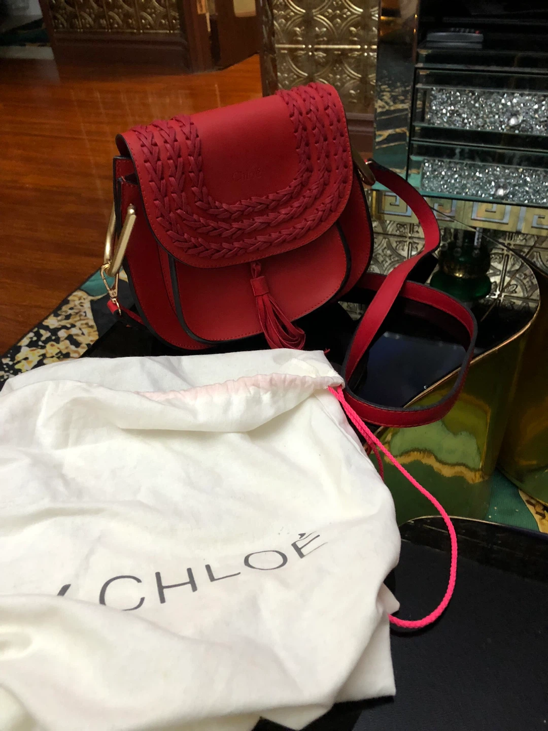 Chloe Red Leather Saddle Bag with Tassel