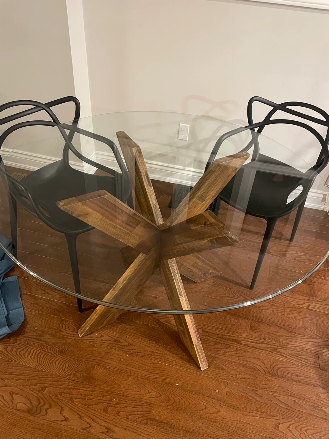 Glass Top Dining Table with Wooden Star Base