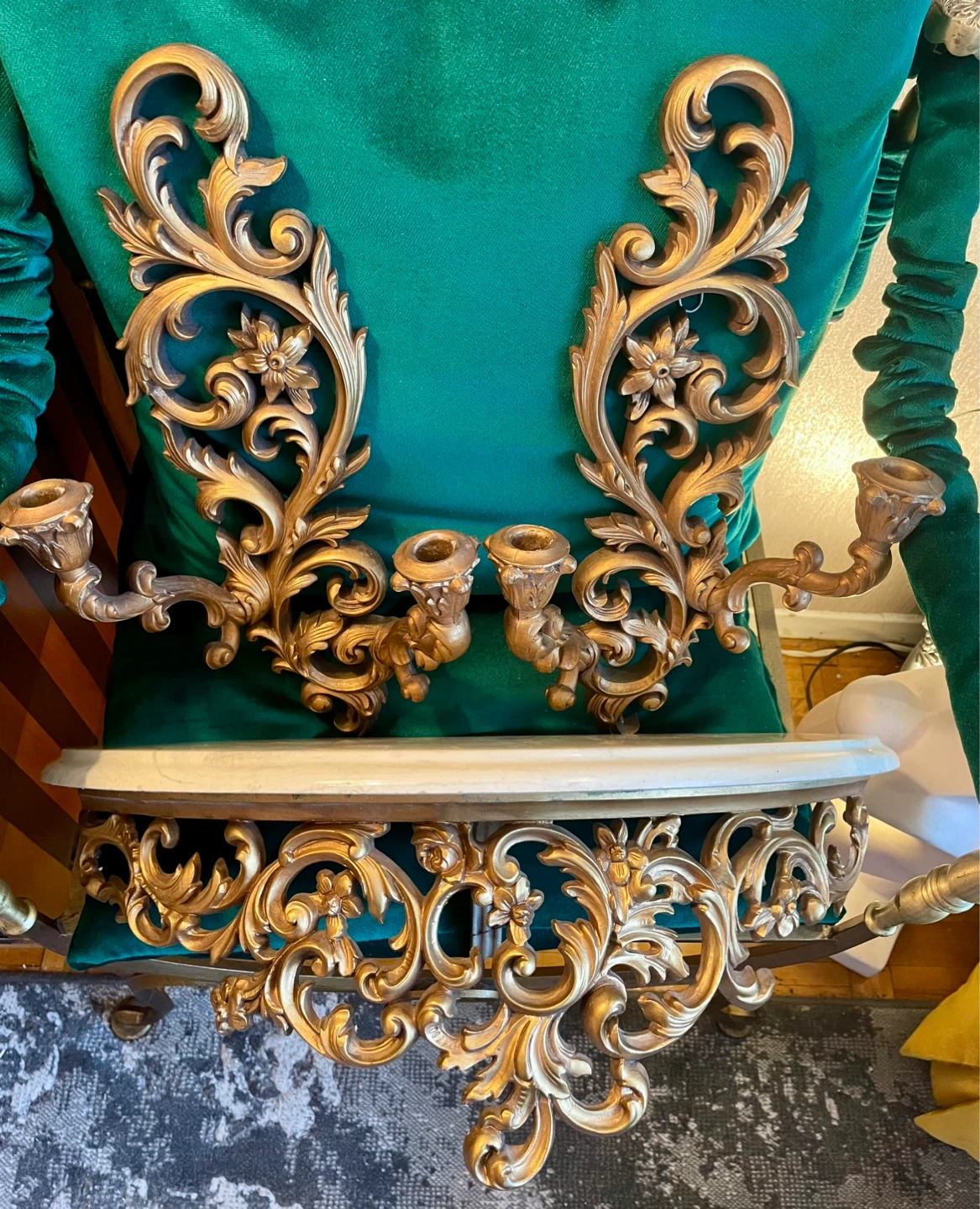 Ornate gold  candle holders and shelf - photo 2