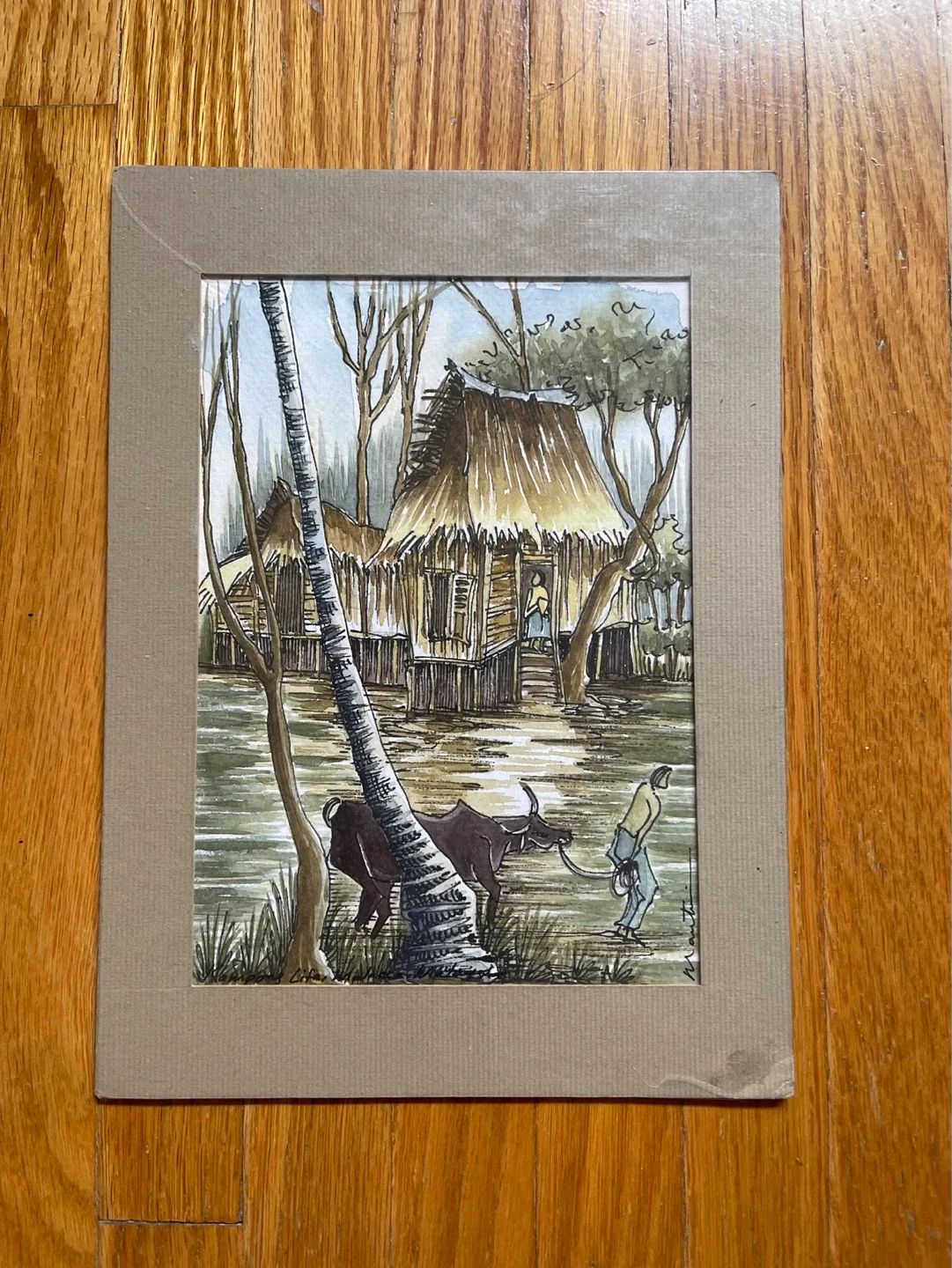 Original Watercolour Painting - Village Scene with Buffalo