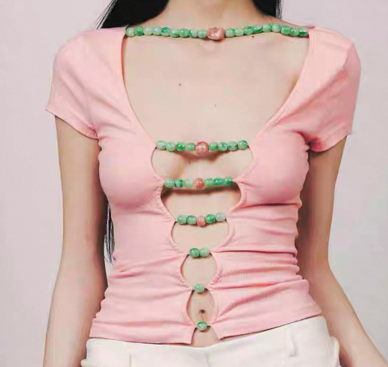 Pink Shirt with Jade Bead Embellishments